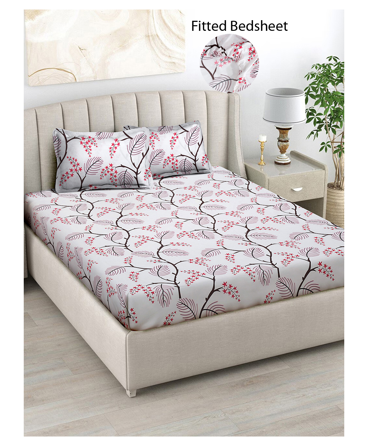 FABINALIV White Floral 300 TC Cotton Blend King Size Fitted Double Bedsheet with 2 Pillow Covers-image-14