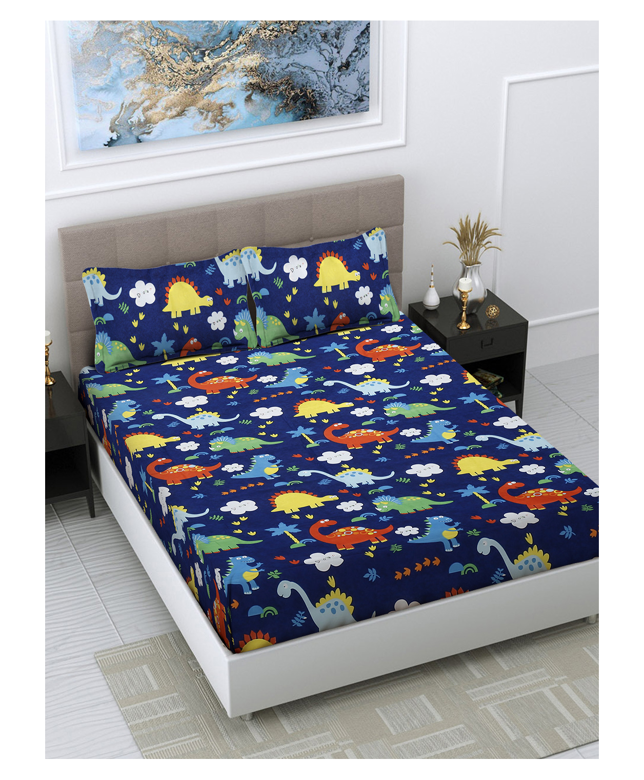 FABINALIV Blue Cartoon Print 300 TC Cotton Blend King Size Double Bedsheet with 2 Pillow Covers-image-3