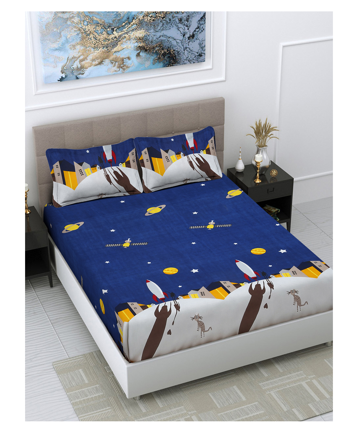 FABINALIV Blue Cartoon Print 300 TC Cotton Blend King Size Double Bedsheet with 2 Pillow Covers-image-26