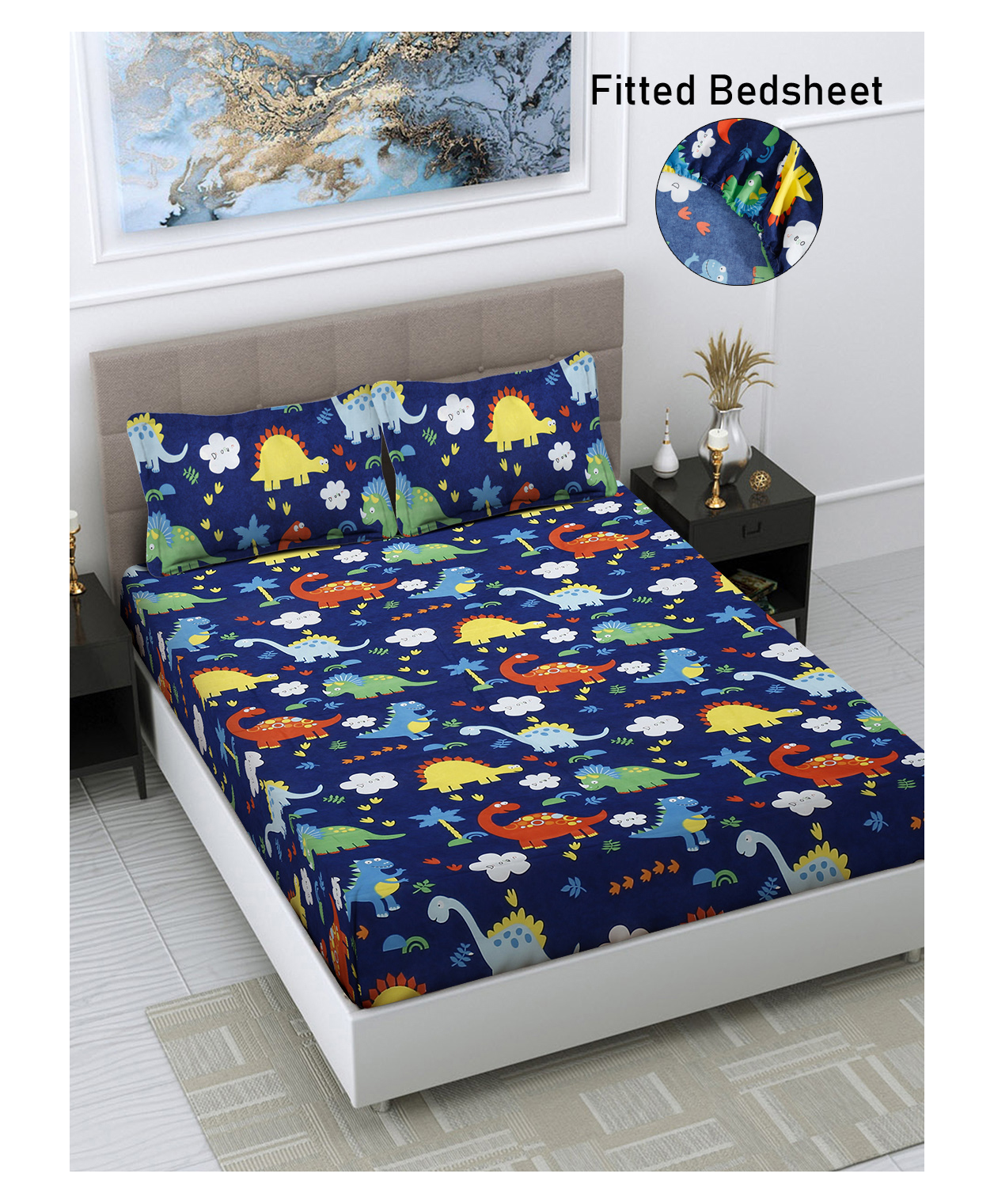 FABINALIV Blue Cartoon Print 300 TC Cotton Blend King Size Fitted Double Bedsheet with 2 Pillow Covers-image-25