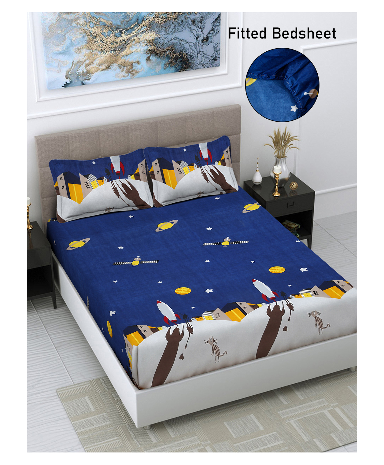 FABINALIV Blue Cartoon Print 300 TC Cotton Blend King Size Fitted Double Bedsheet with 2 Pillow Covers-image-4