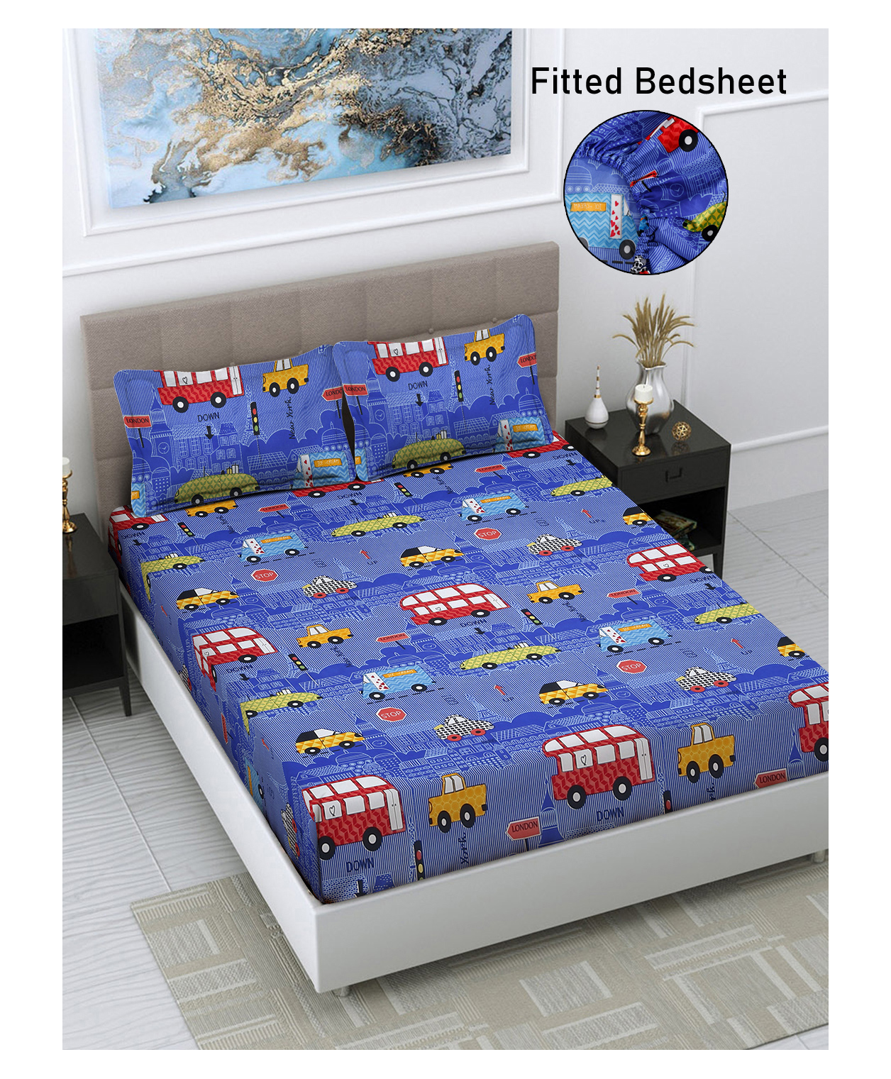 FABINALIV Blue Cartoon Print 300 TC Cotton Blend King Size Fitted Double Bedsheet with 2 Pillow Covers-image-27
