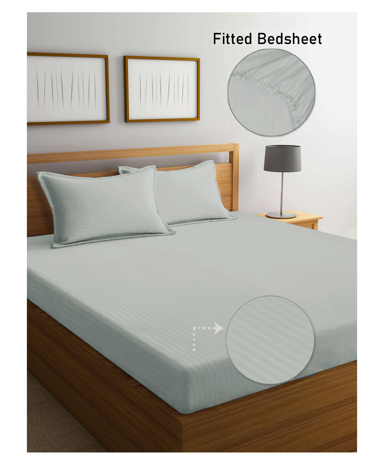FABINALIV Silver Striped 300 TC Cotton Blend King Size Fitted Double Bedsheet with 2 Pillow Covers-image-6