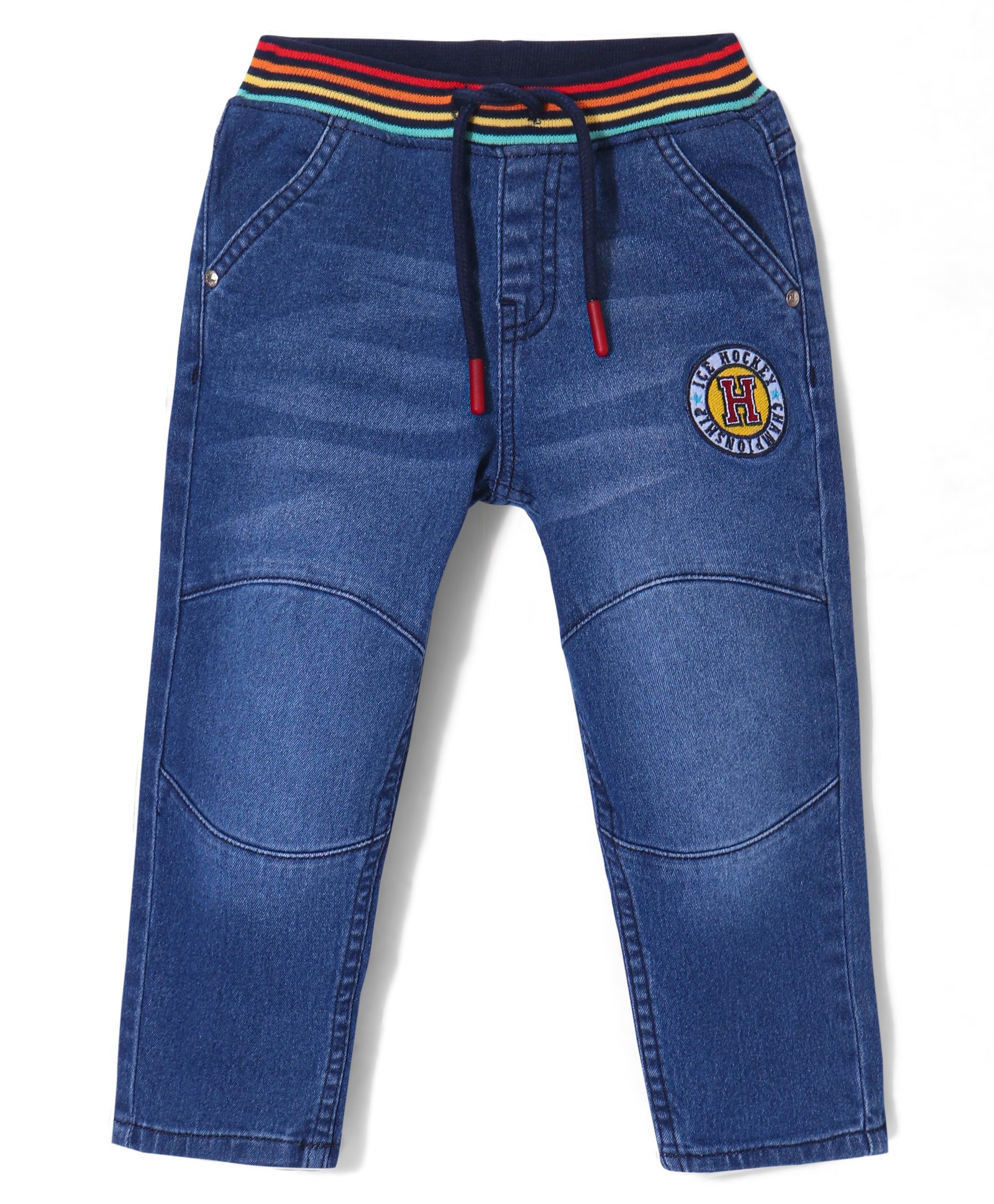 Babyhug Full Length Solid Stretchable Denim Jeans With Embroidery - Blue-image-13