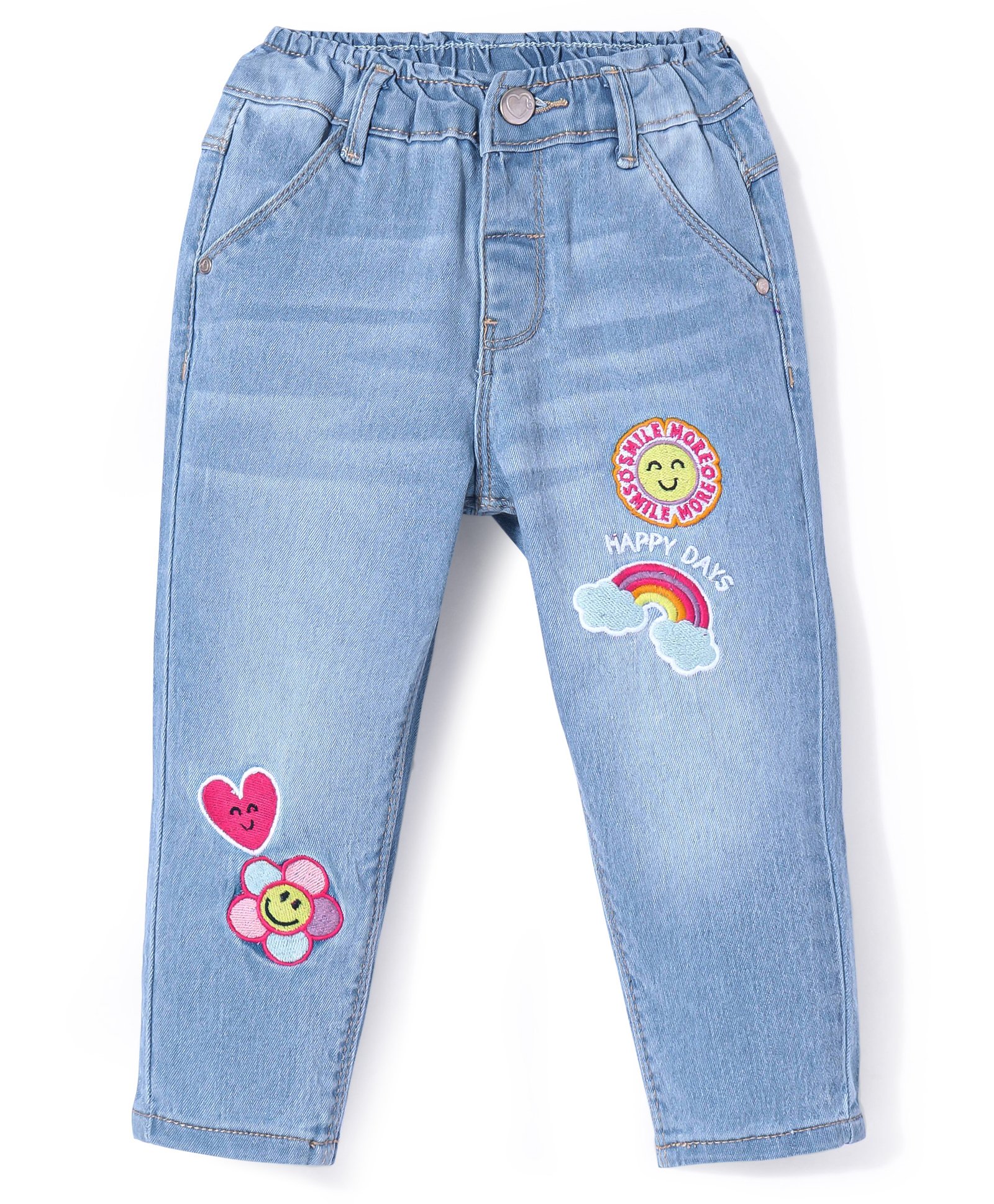 Babyhug Denim Full Length Jeans With Stretch & Text Embroidery - Blue-picture-16