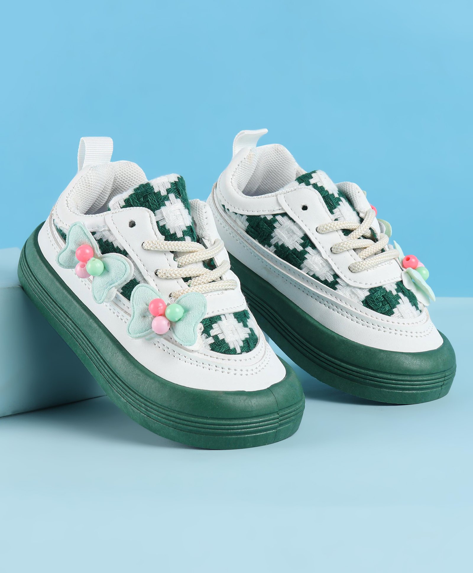 Babyoye Lace Up Casual Shoes With Bow Applique - Green