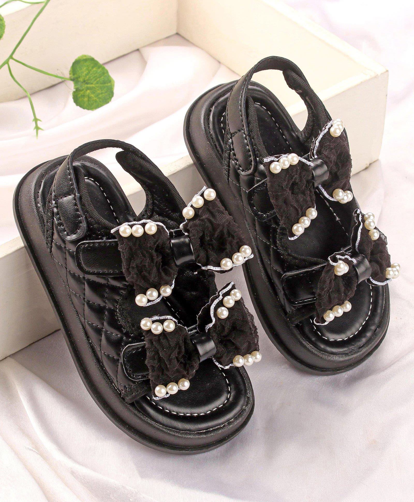 Babyoye Sandals with Velcro Closure & Bow Applique - Black-picture-28