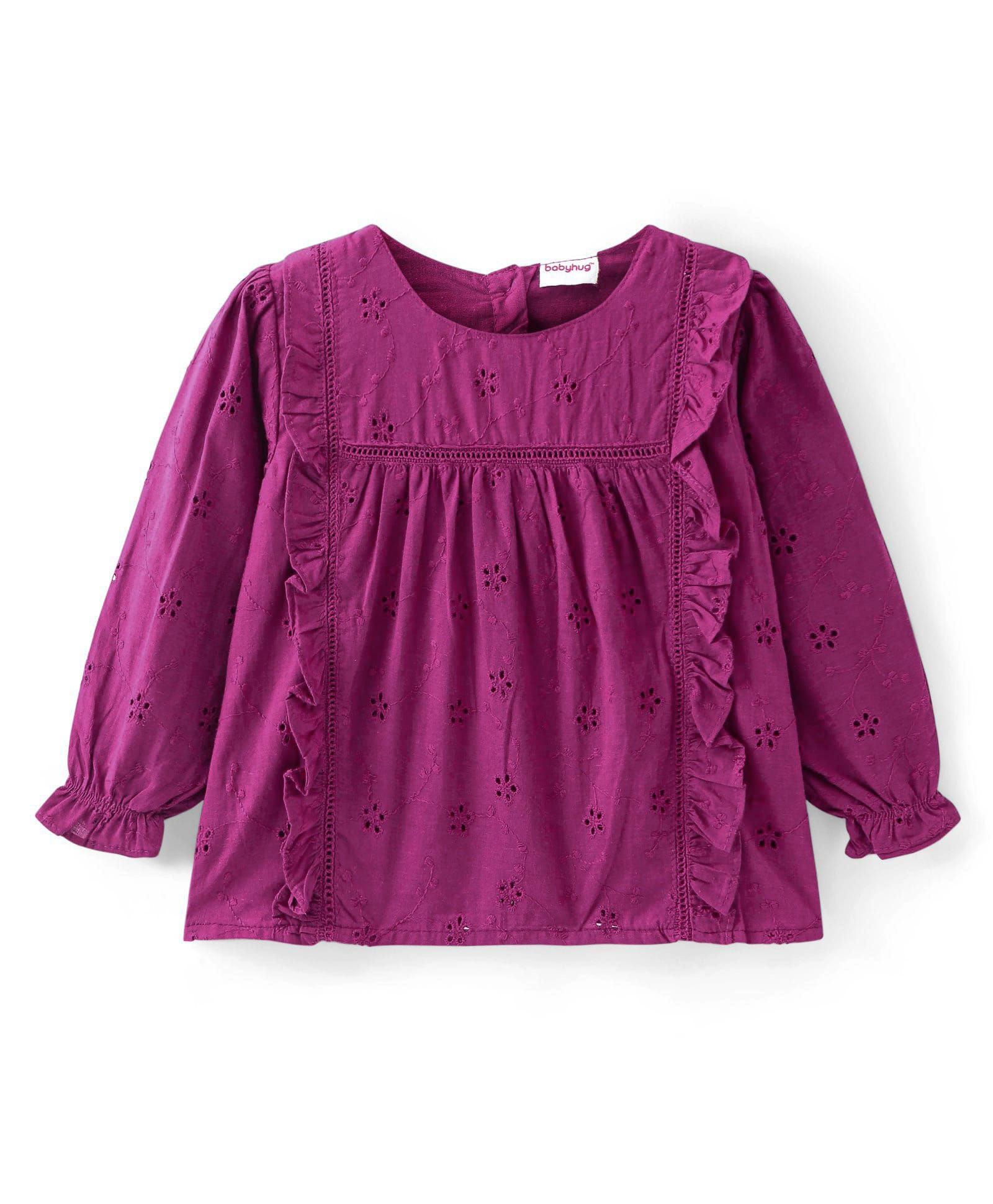 Babyhug Rayon Woven Full Sleeves Schiffli Top with Frill Detailing - Maroon-image-7