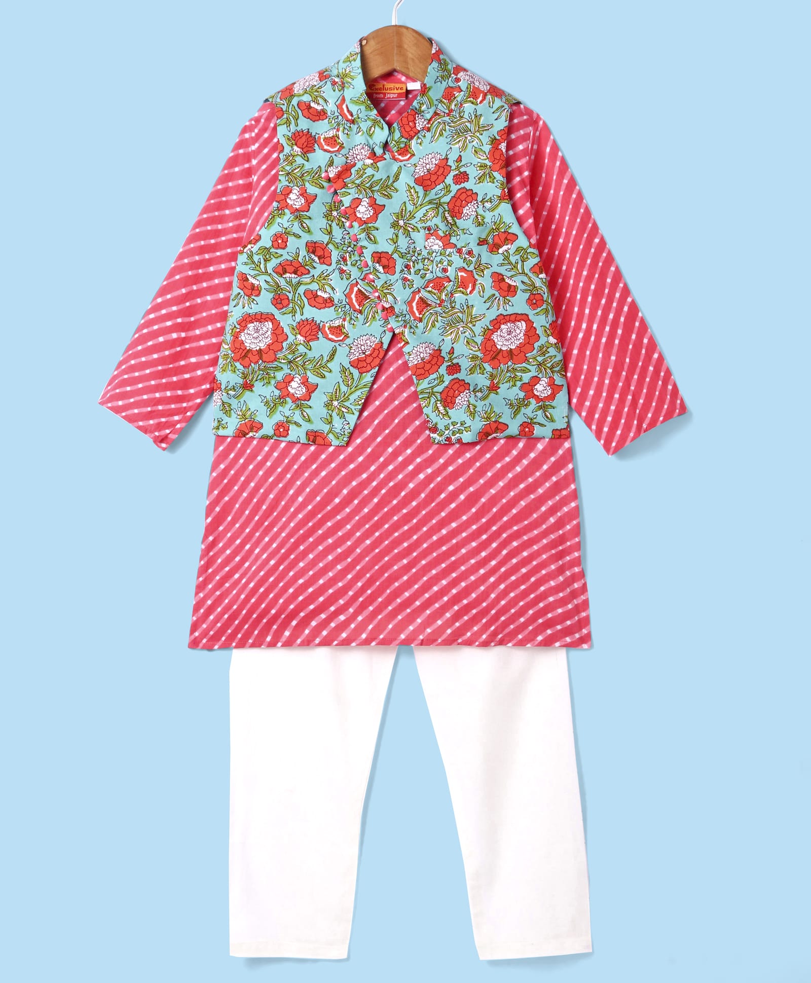 Exclusive from Jaipur Cotton Full Sleeves Striped Kurta Pyjama Set with Floral Printed Jacket - Firozi-picture-27