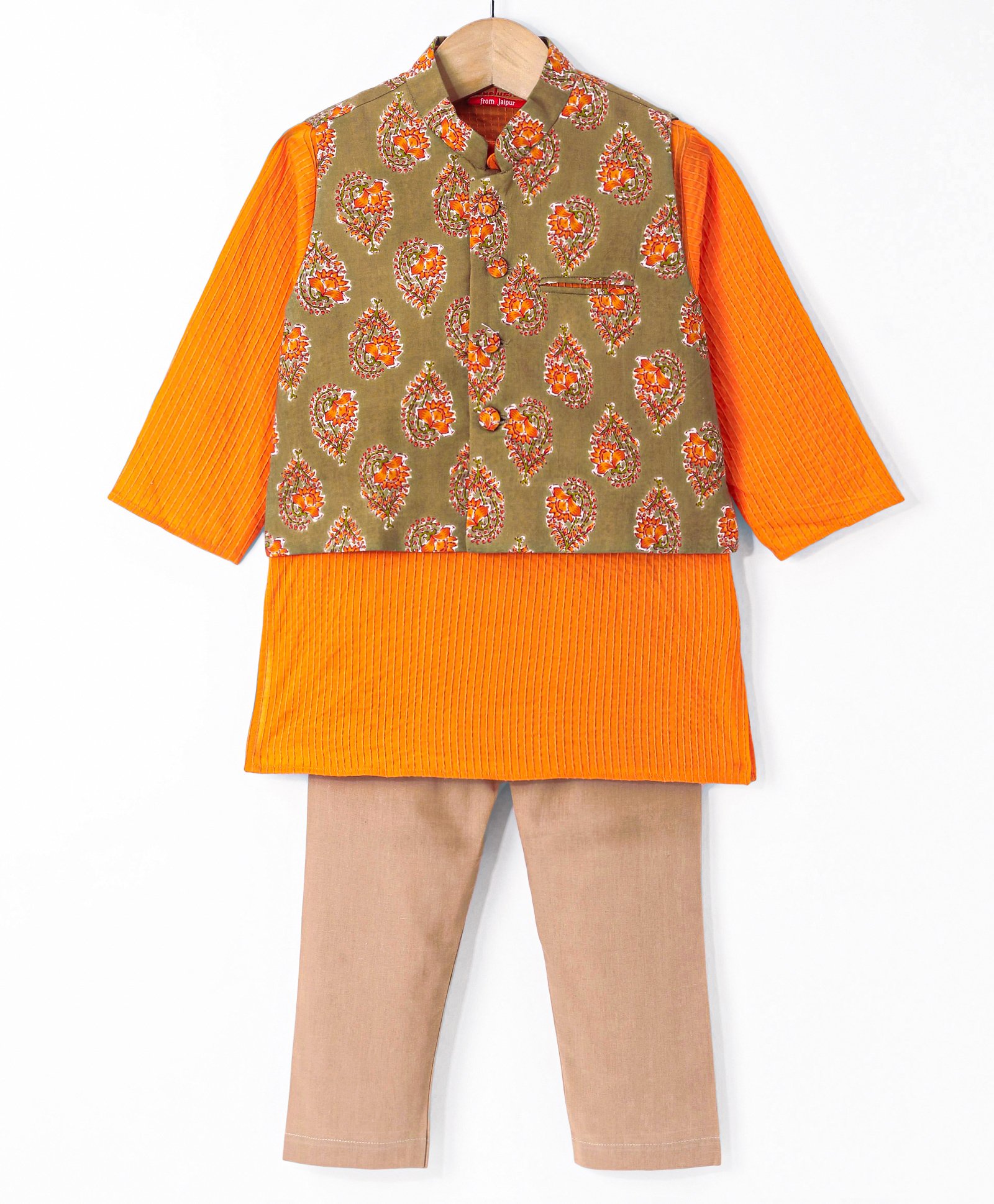 Exclusive from Jaipur Cotton Woven Full Sleeves Solid Colour Kurta Pyjama Set with Floral Printed Nehru Jacket - Orange & Beige-image-42