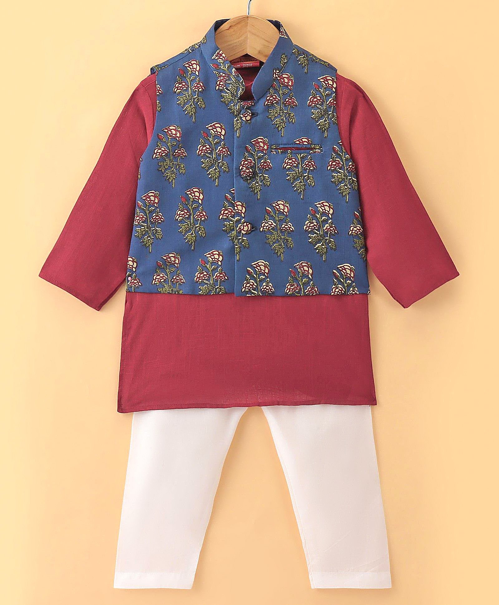 Exclusive from Jaipur Cotton Woven Full Sleeves Kurta Pyjama Set with Floral Printed Jacket - Red & Blue-image-29