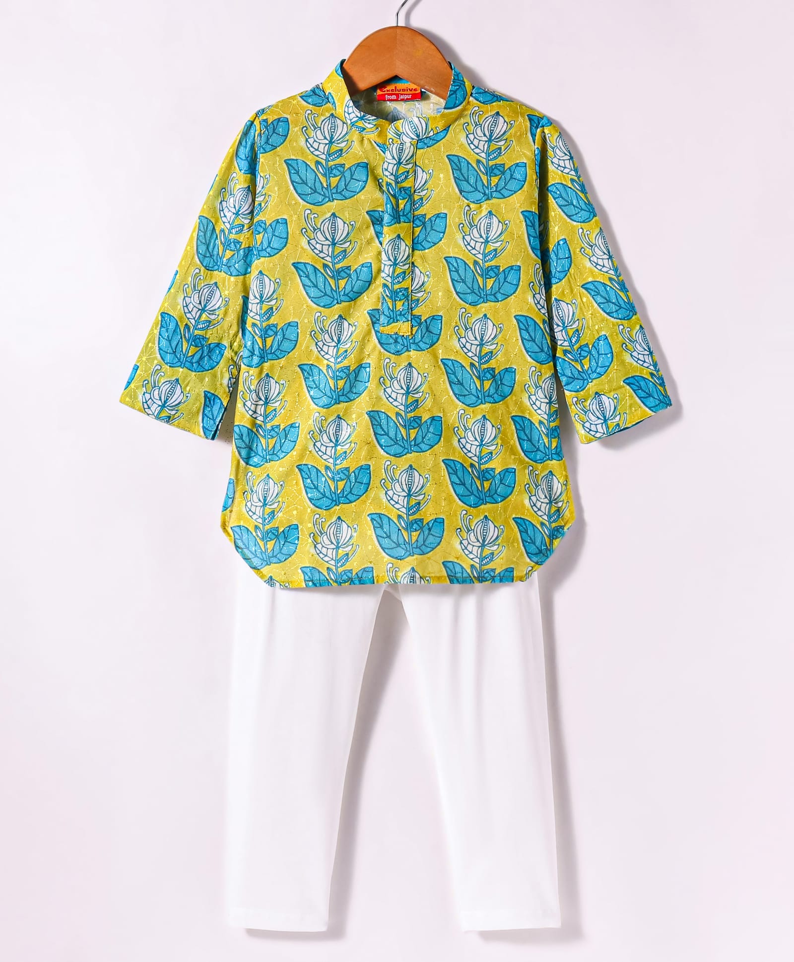 Exclusive from Jaipur Cotton Woven Three Fourth SleevesSleeves Kurta Pyjama Set with Floral Print - Yellow-picture-14