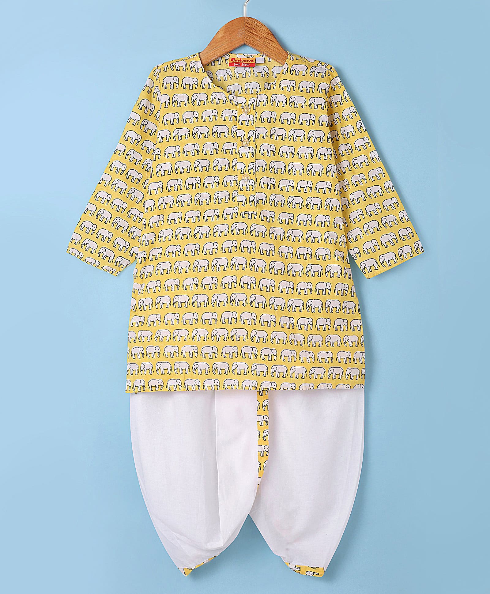 Exclusive from Jaipur Cotton Full Sleeves ElephantPrinted Kurta DhotiSet - Yellow & White-picture-14