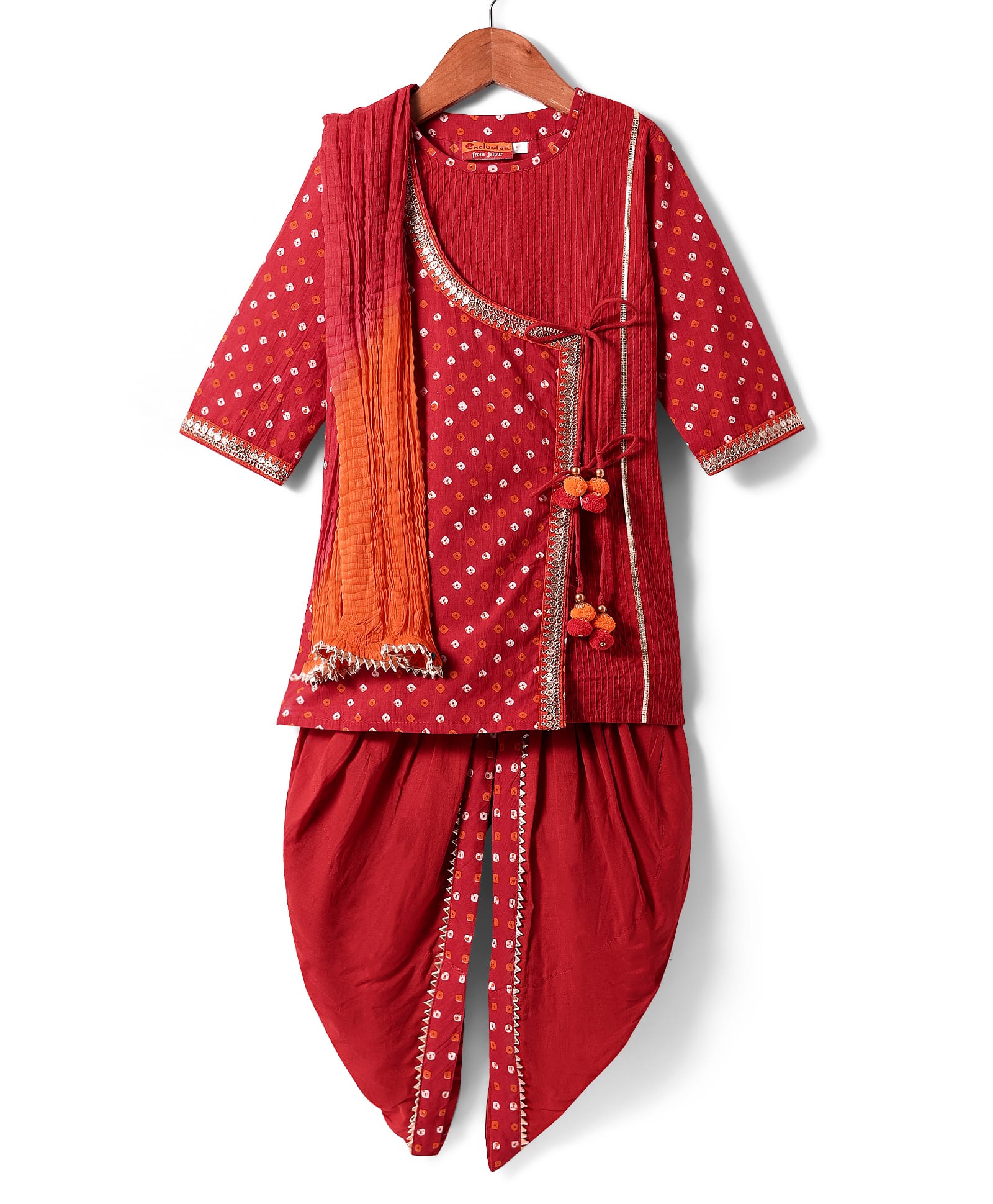 Exclusive from Jaipur Cotton Three Fourth Sleeves Kurti Patiala Dupatta Set with Bandhani Print & Lace Detailing - Red-picture-12