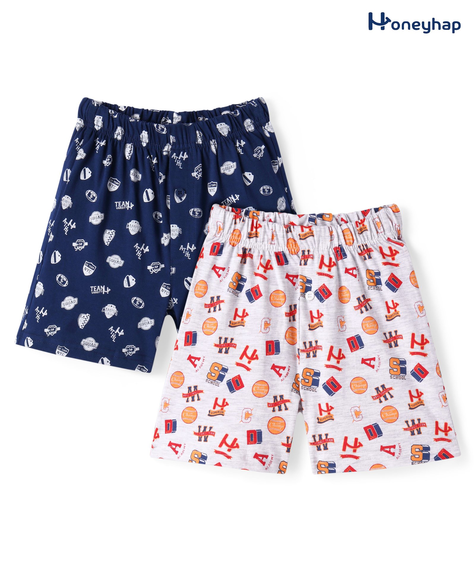 Honeyhap Premium 100% Cotton Knit Boxers with Sports Theme Print Pack of 2 - White Melnage & Navy Peony-image-12