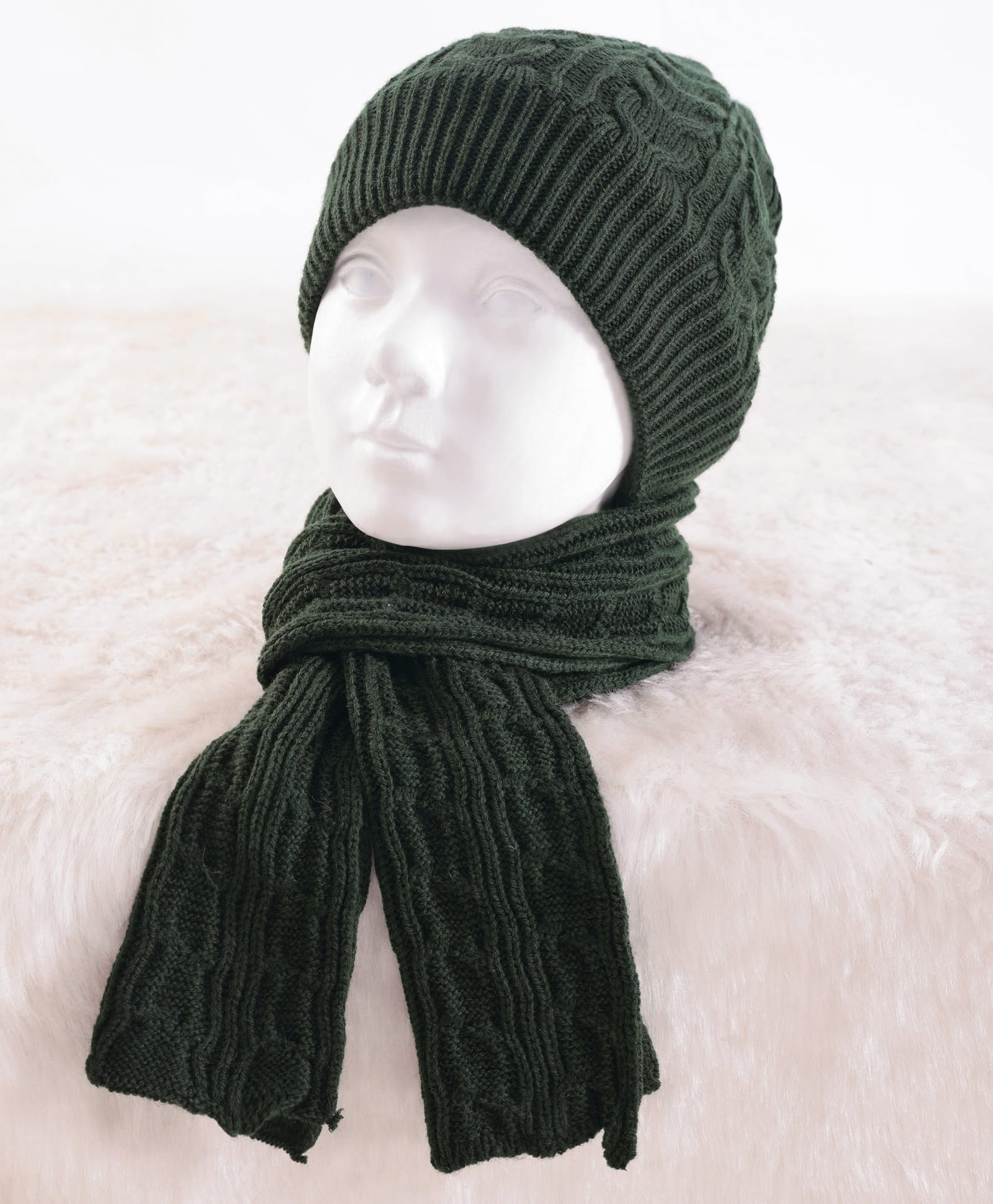 Pine Kids Woollen Knit Solid Beanie Cap & Muffler Set - Dark Green-image-37
