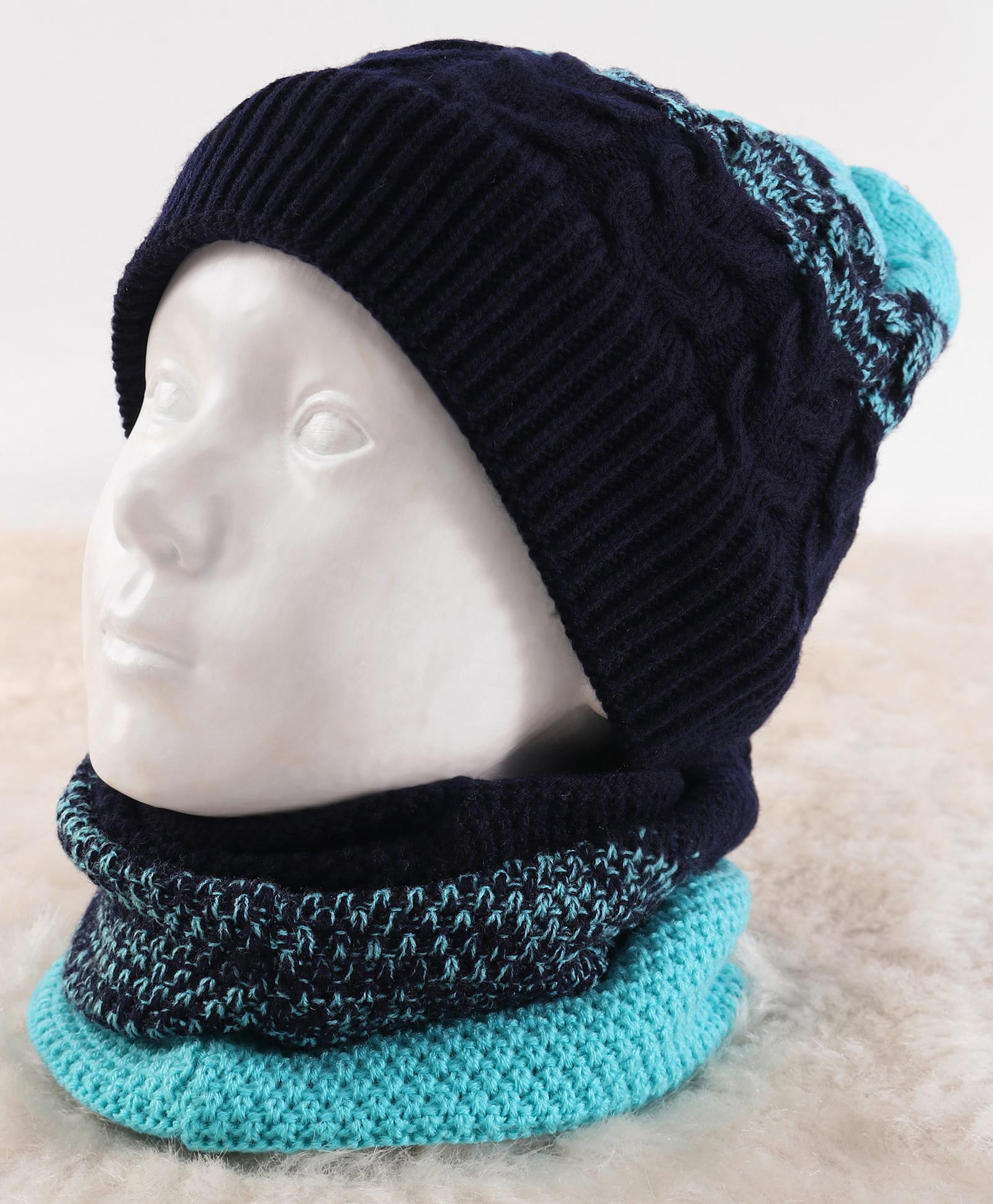 Pine Kids Knit Woollen Cap & Muffler Blue & Black - Diameter 14 cm-picture-24