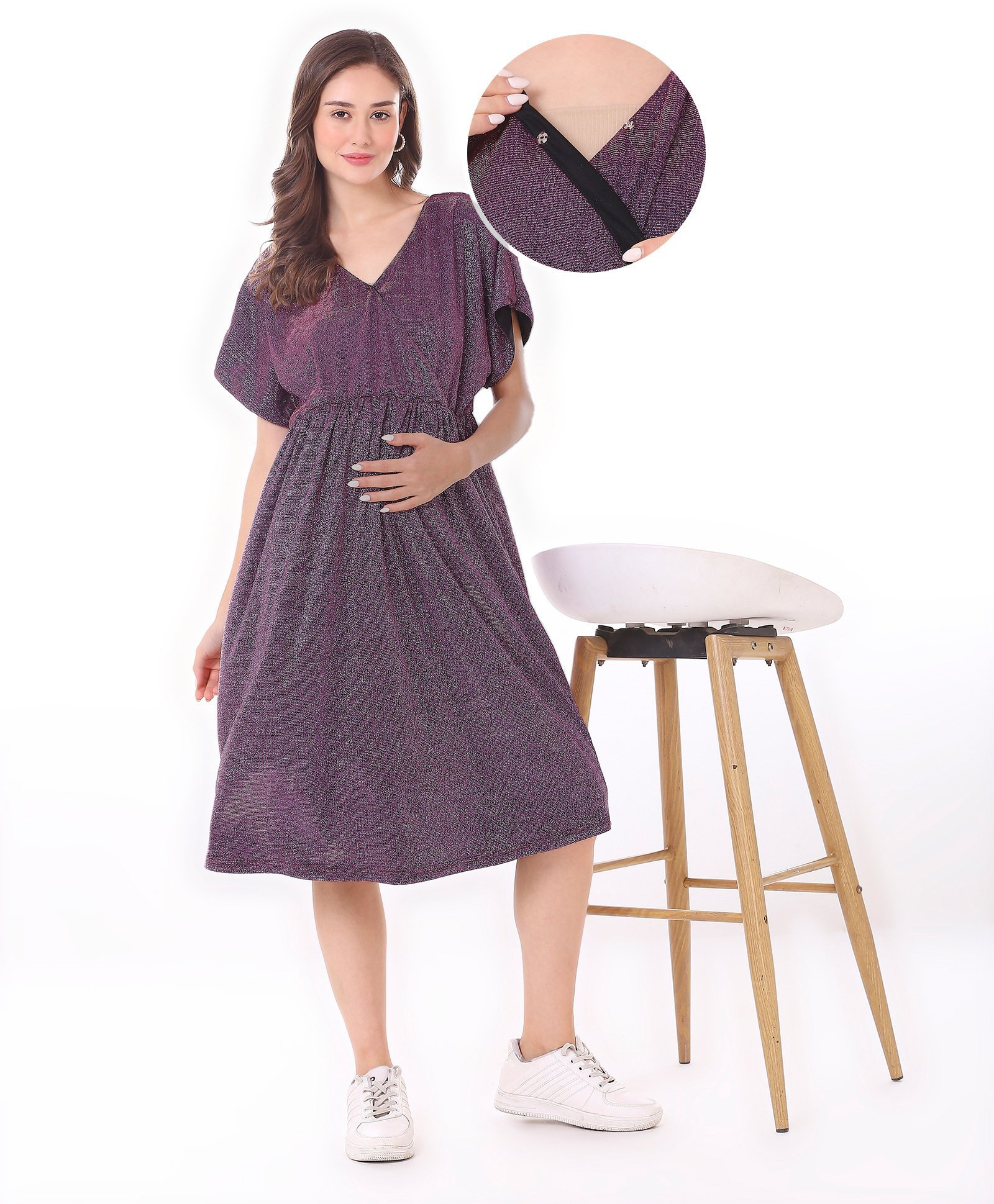Bella Mama Knit Short Sleeves  Front Overlapping Shimmered Maternity Dress -Wine