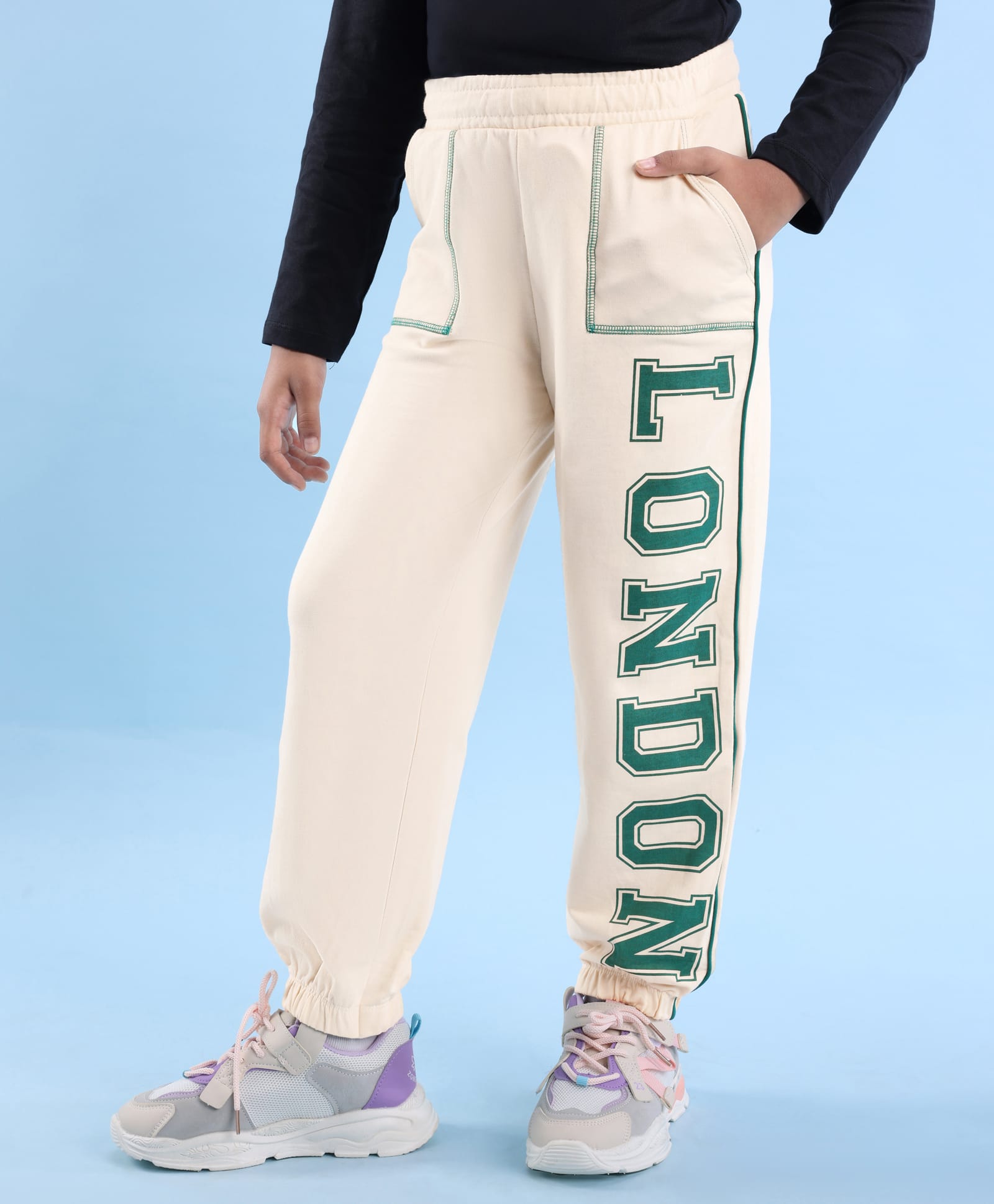Honeyhap Premium 100% Cotton Looper Knit Full Length Text Printed Lounge Pant With Bio Finish - Shortbread Beige-picture-37