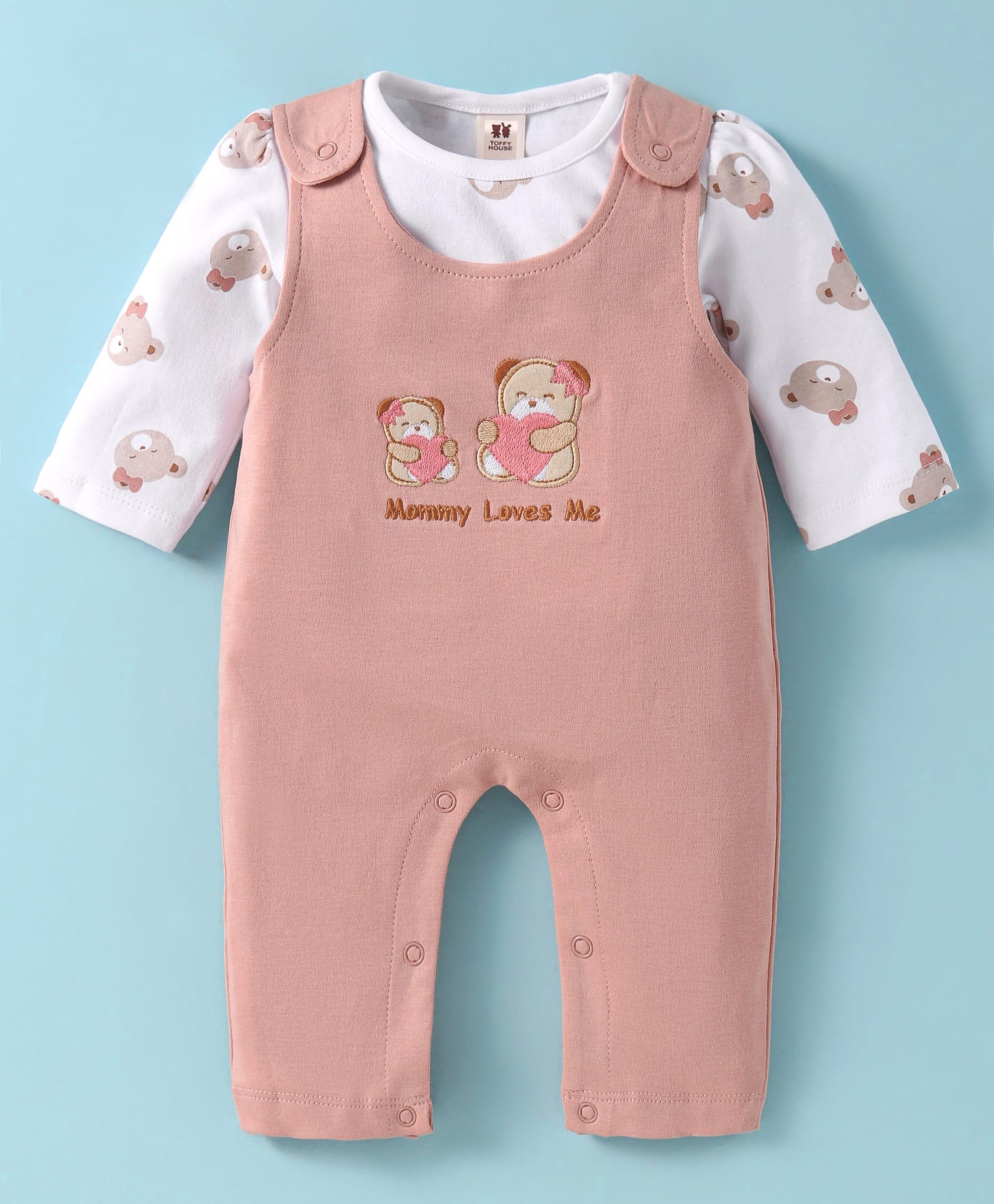 ToffyHouse Interlock Knit Dungaree Style Romper & Full Sleeves T-Shirt With Bear Print & Embroidery - Pink-image-15