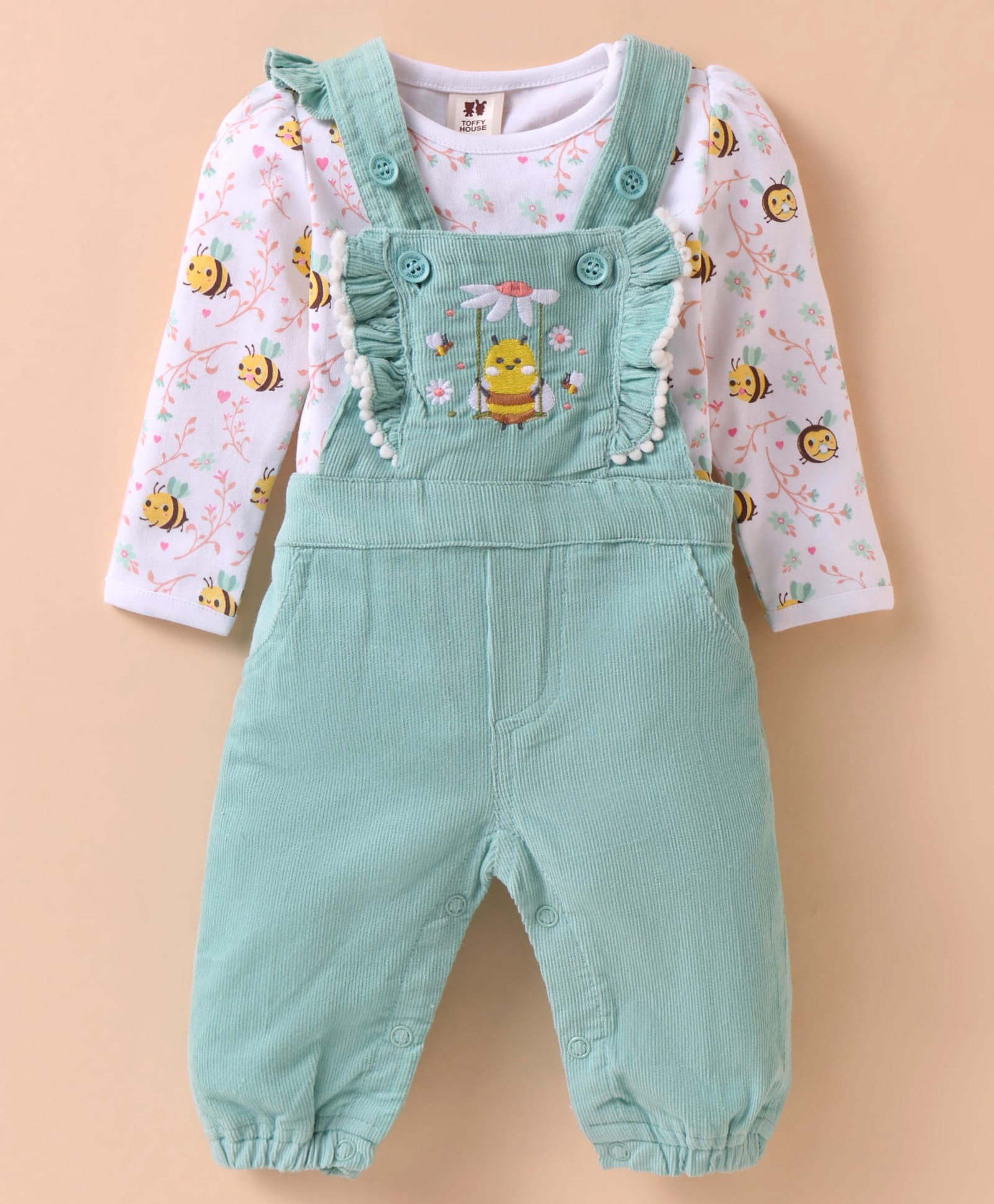 ToffyHouse Cotton Woven Full Sleeves Bee Printed T-Shirt & Embroidered Dungaree - Sea Green & White-picture-22