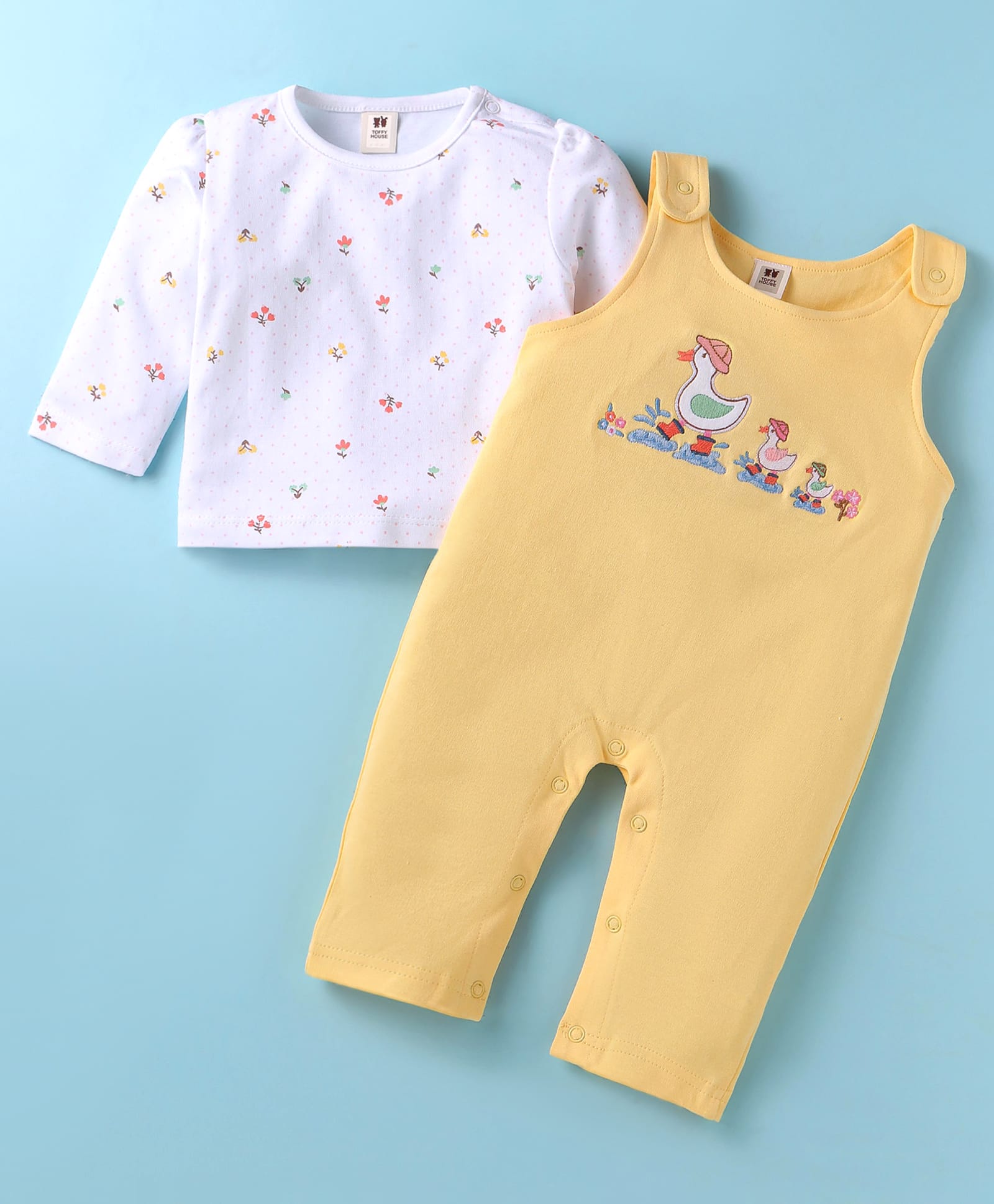 ToffyHouse 100% Cotton Knit Full Sleeves Floral Print & Duck Embroidered Dungaree Style Romper with T-Shirt - Yellow-picture-16