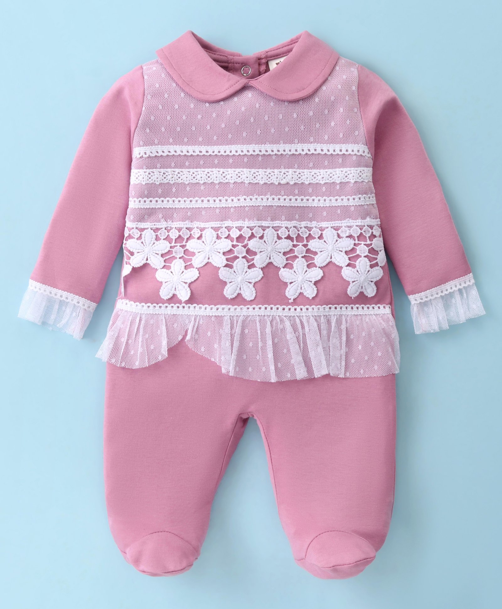ToffyHouse 100% Cotton Knit Full Sleeves Footed Peter Pan Collared Romper with Floral Embroidery - Dark Pink-picture-23