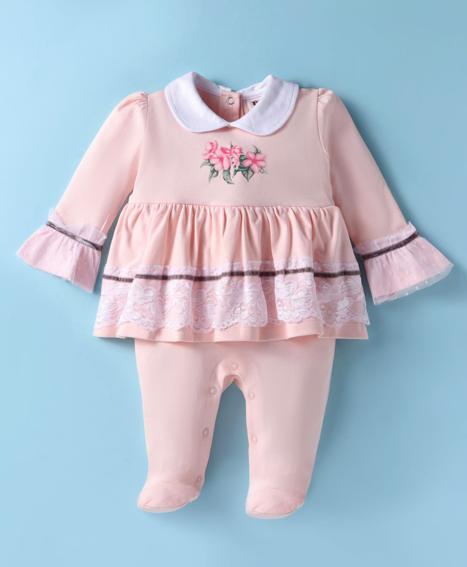 ToffyHouse Interlock Knit Full Sleeves Romper With Floral Print & Lace Detailing - Peach-image-48