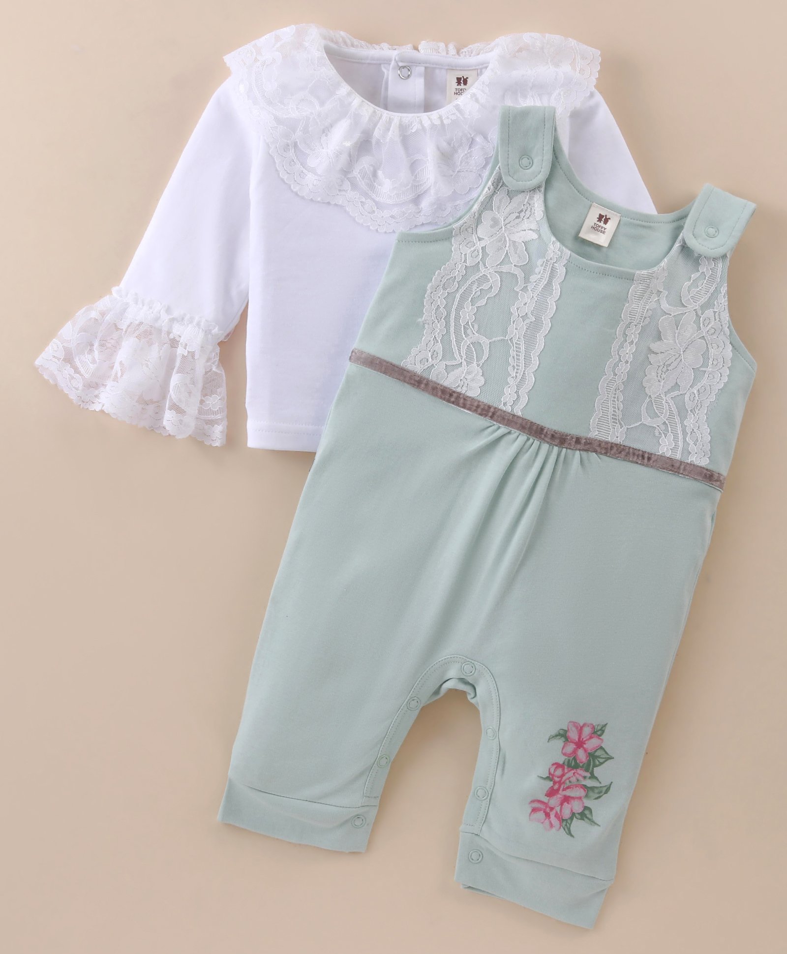 ToffyHouse 100% Cotton Knitted Full Sleeves Frill Detailed Top with Floral Print & Lace Detailing Dungaree - Green & White-picture-19