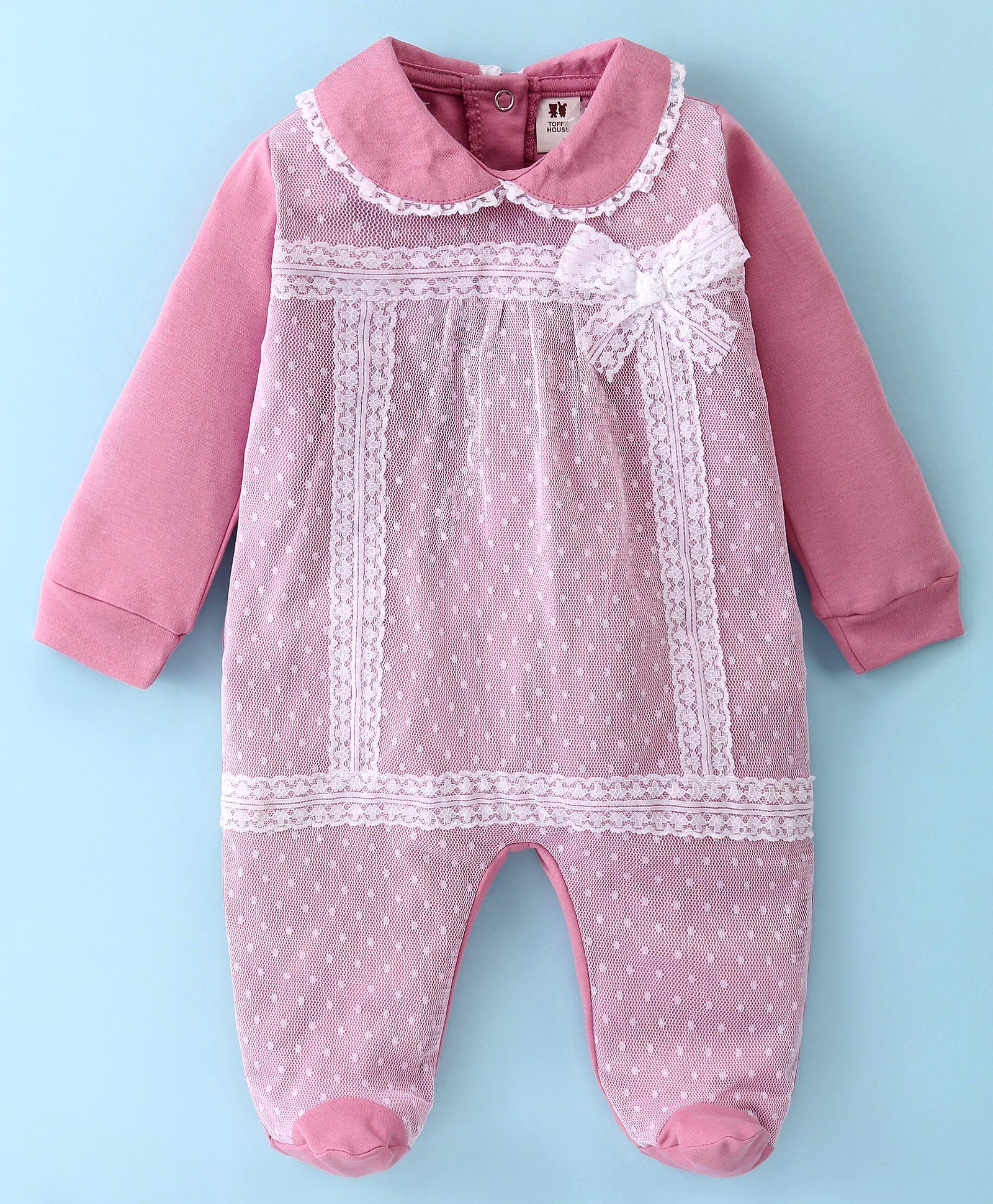 ToffyHouse 100% Cotton Knit Full Sleeves Footed Peter Pan Collared Romper with Bow Applique - Mauve-picture-0