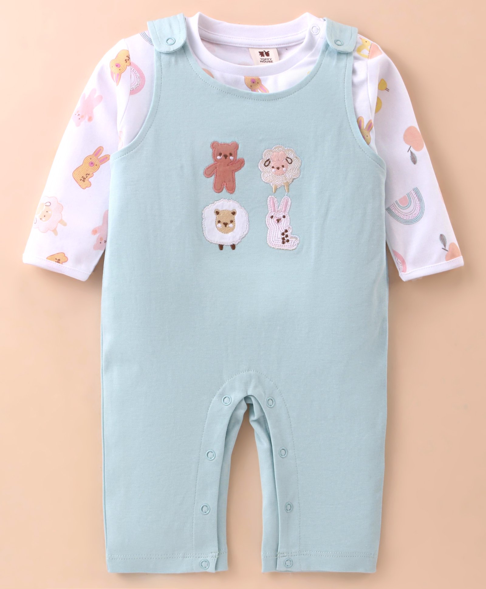 ToffyHouse 100% Cotton Knit Full Sleeves Animal Printed & Embroidered Dungaree Style Romper with T-Shirt- Light Blue-image-32