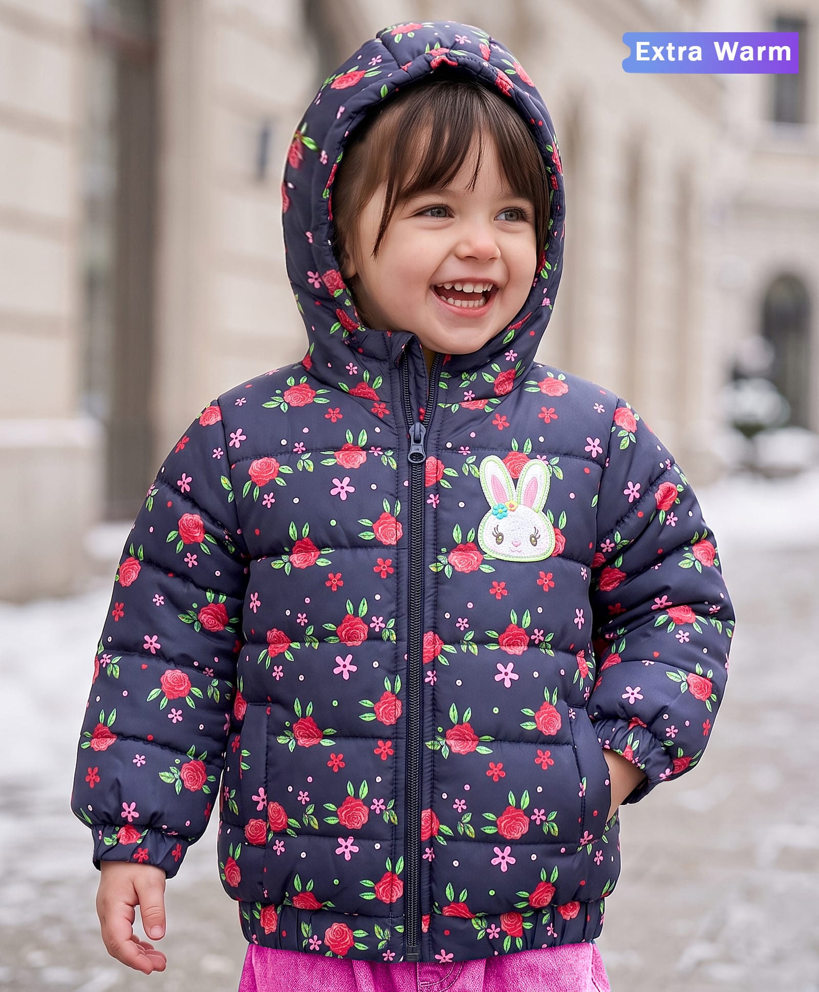 Babyoye Woven Full Sleeves Front Open Padded Hooded Jacket with Floral Print & Bunny Patch Applique - Navy Blue-image-47