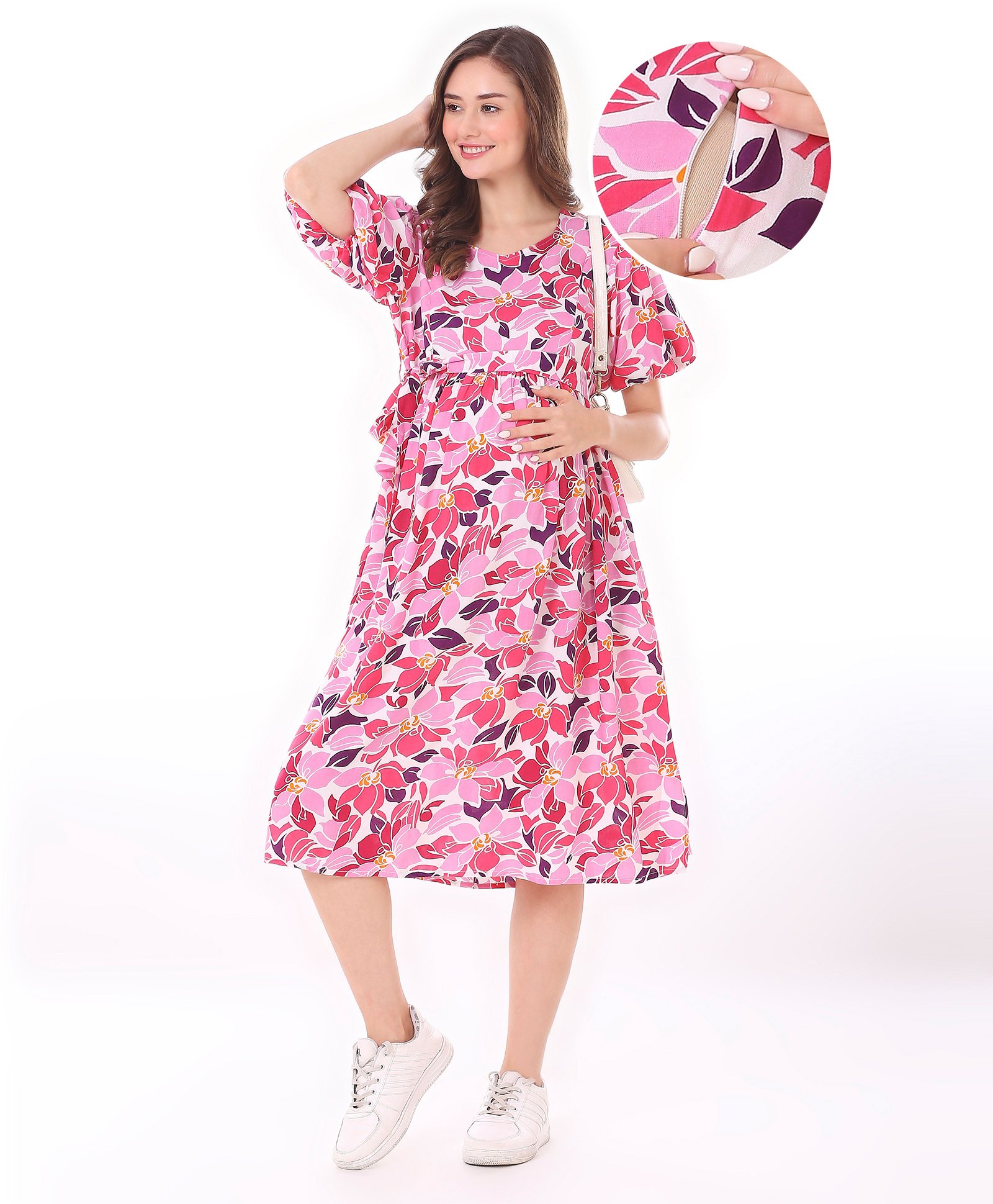 Bella Mama Women Balloon Sleeve Floral Printed Maternity Dress with Pocket - Pink-image-31
