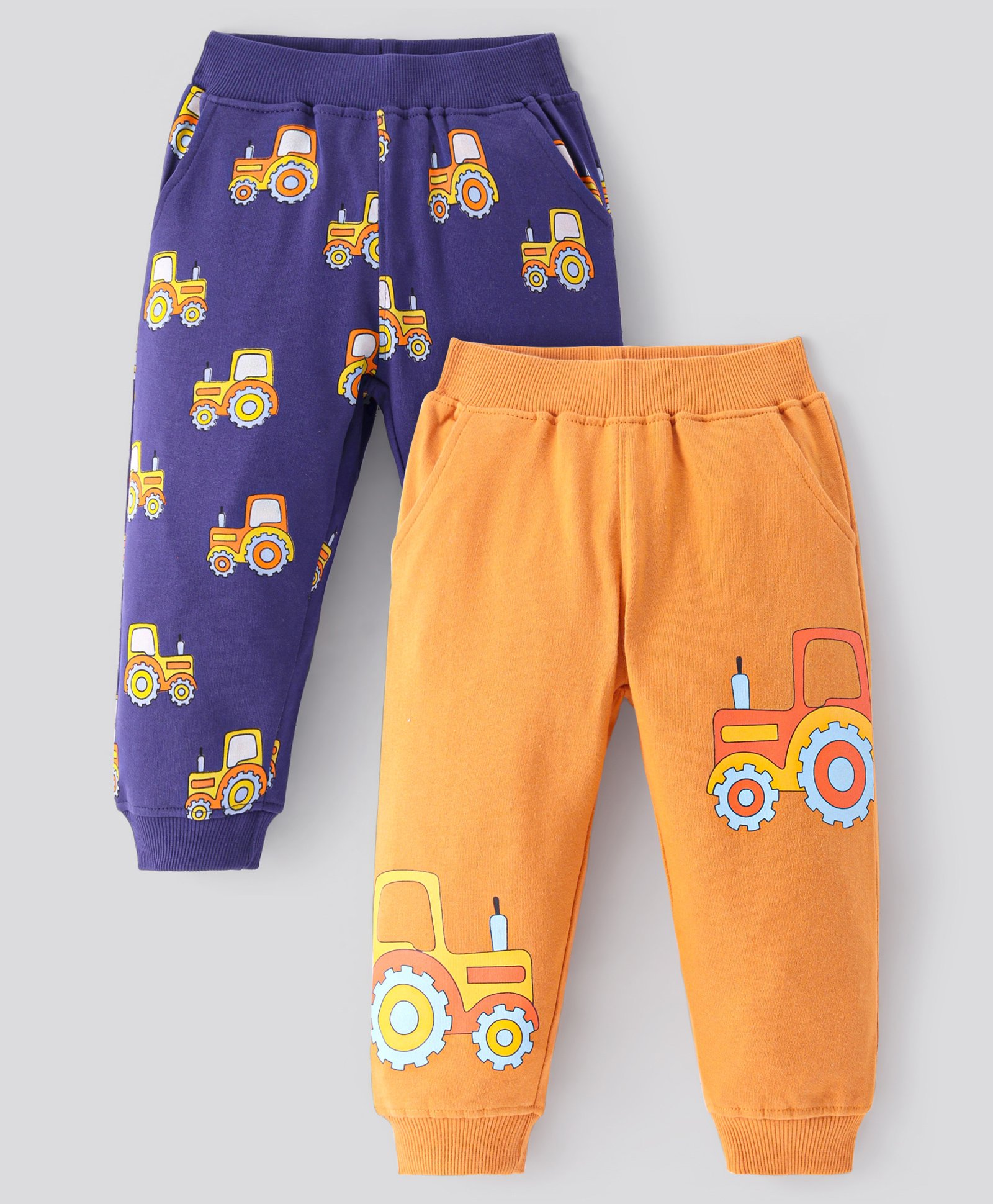 Bonfino 100% Cotton Knit Full Length Lounge Pants With Tractors Print Pack Of 2 - Navy & Orange-picture-12