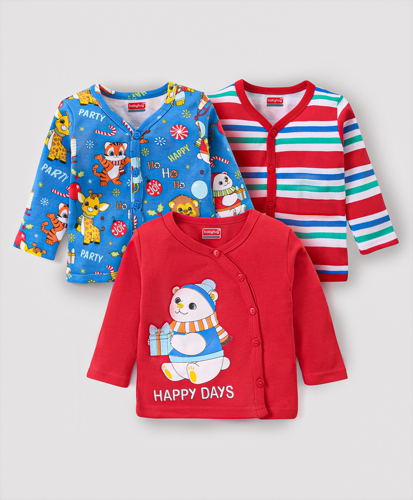 Babyhug 100% Cotton Full Sleeves Front Open Jhablas With Stripes & Bear Print Pack of 3 - Red & Blue-picture-15