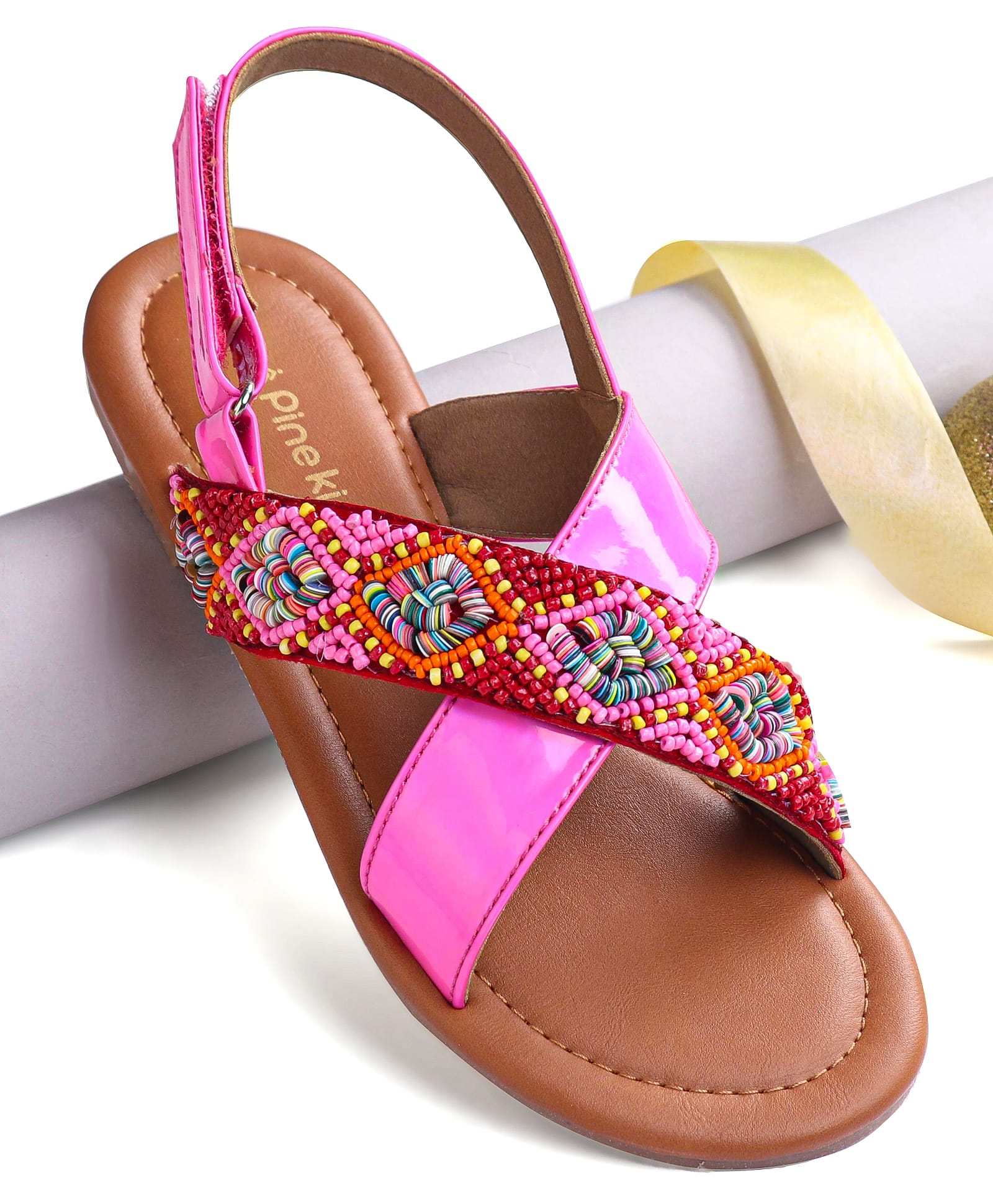Pine Kids Velcro Closure Sandals with Beads Design - Fuchsia
