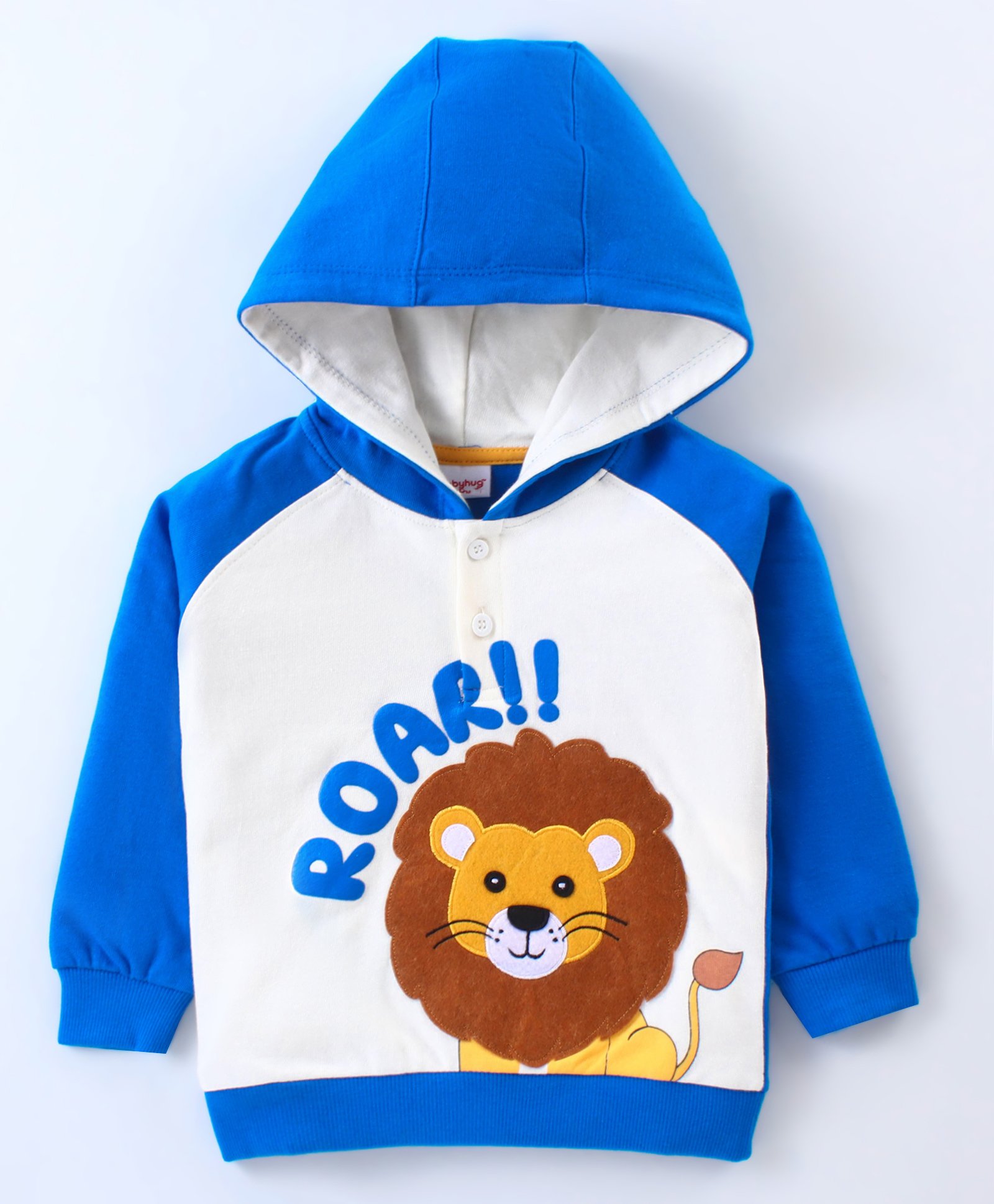 Babyhug Cotton Knit Full Raglan Sleeves Hooded Sweatshirt with Lion Patch Detailing - White & Blue-picture-32