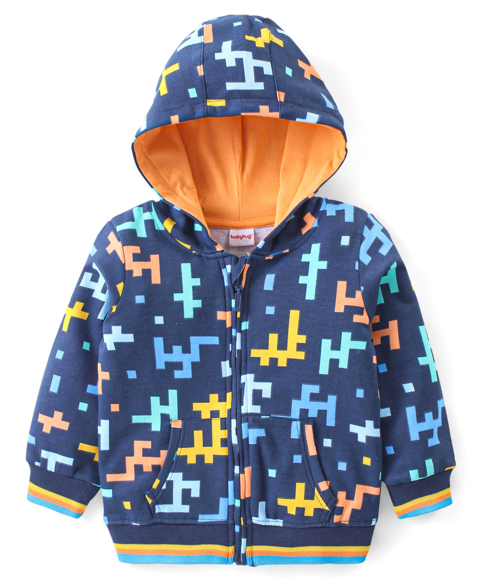 Babyhug Cotton Knit Full Sleeves Hooded Printed Sweatjacket with Kangaroo Pockets - Navy Blue-image-27