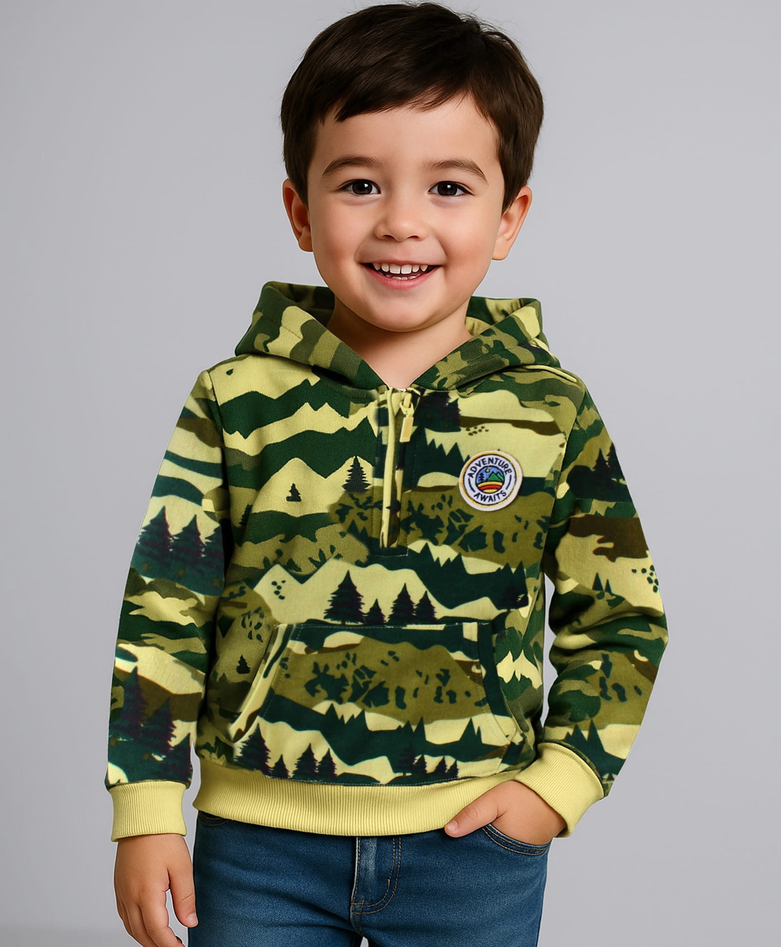 Babyhug Cotton Knit Full Sleeves Hooded Sweatshirt with Camouflage Design & Patch Detailing - Dark Green-image-20