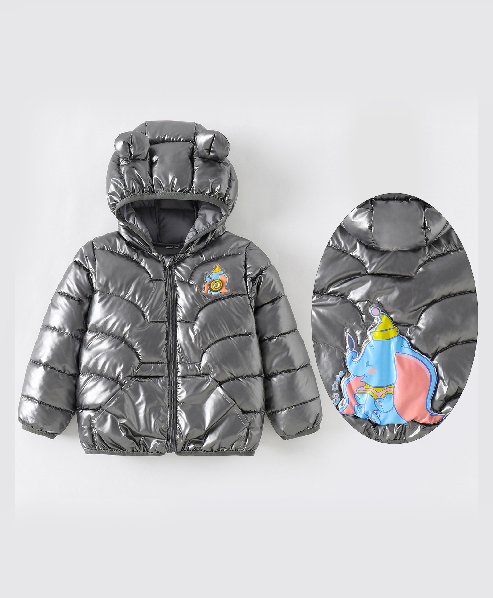 Kookie Kids Full Sleeves Padded Hooded Jacket with Elephant Patch Detailing - Charcoal Grey-image-15