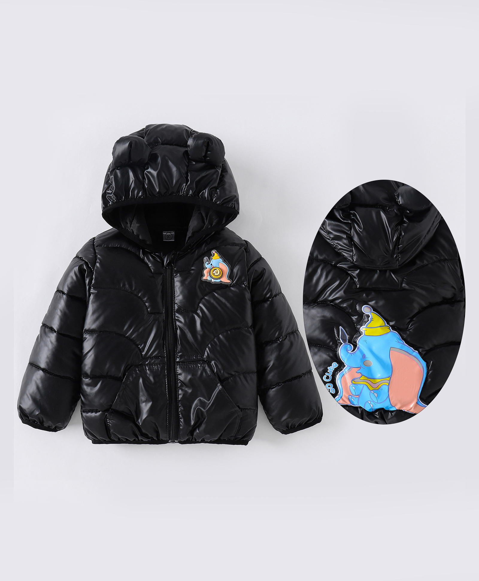 Kookie Kids Full Sleeves Padded Hooded Jacket with Elephant Patch Detailing - Black-picture-12