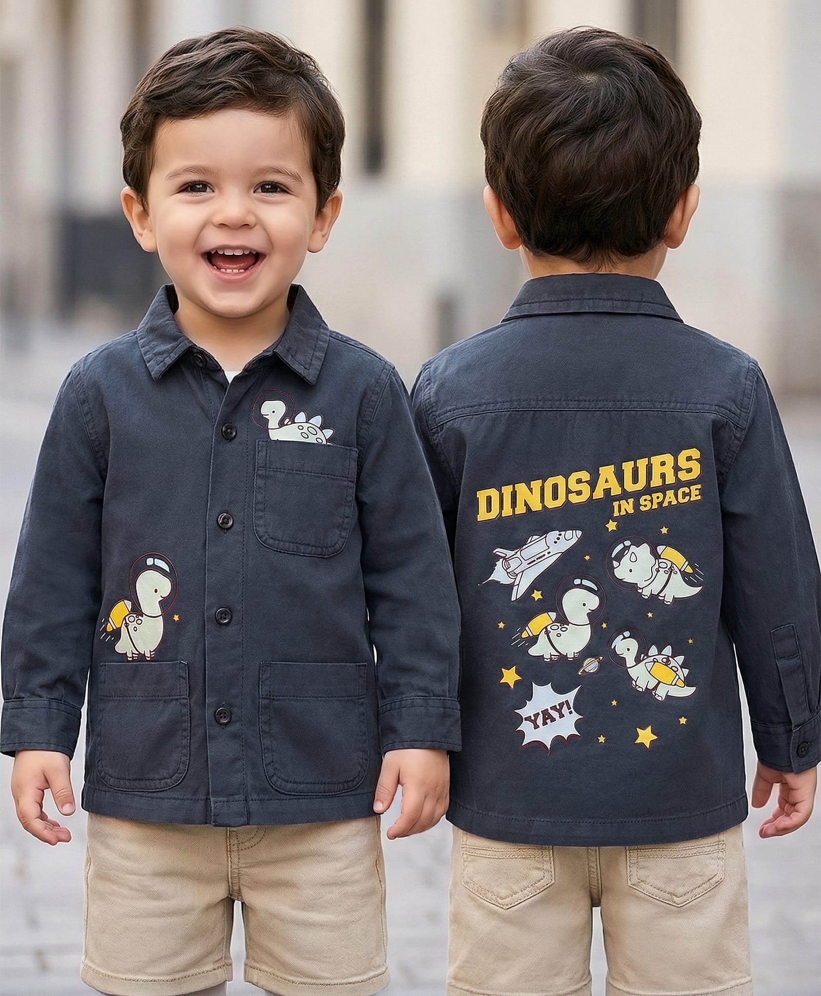 Babyoye Woven Full Sleeves Dino PrintedDenim Shirt -Charcoal Grey-image-44