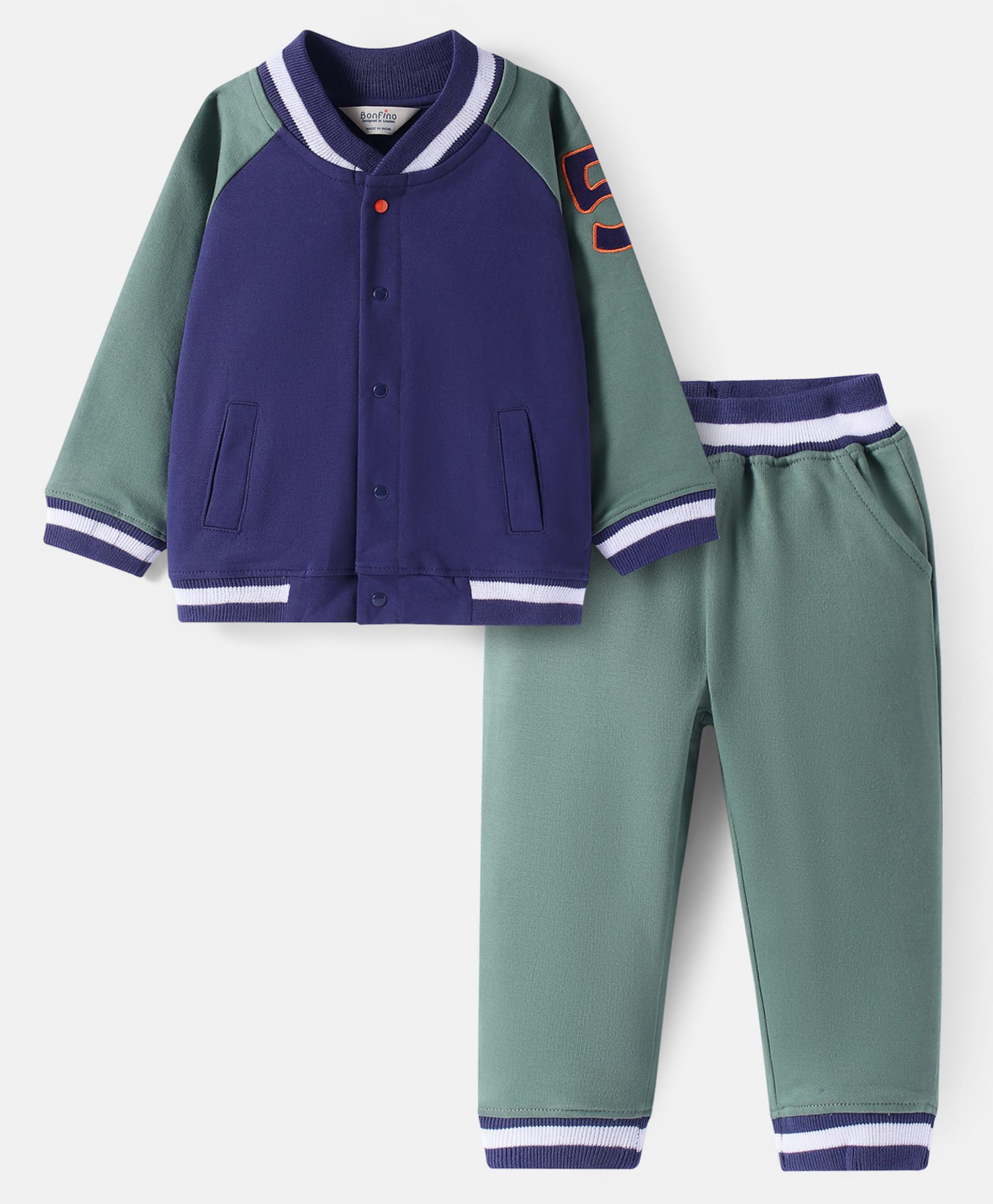 Bonfino 100% Cotton French Terry Knit Full Sleeves Colour Block Bomber Jacket & Jogger Set - Blue & Green-picture-23