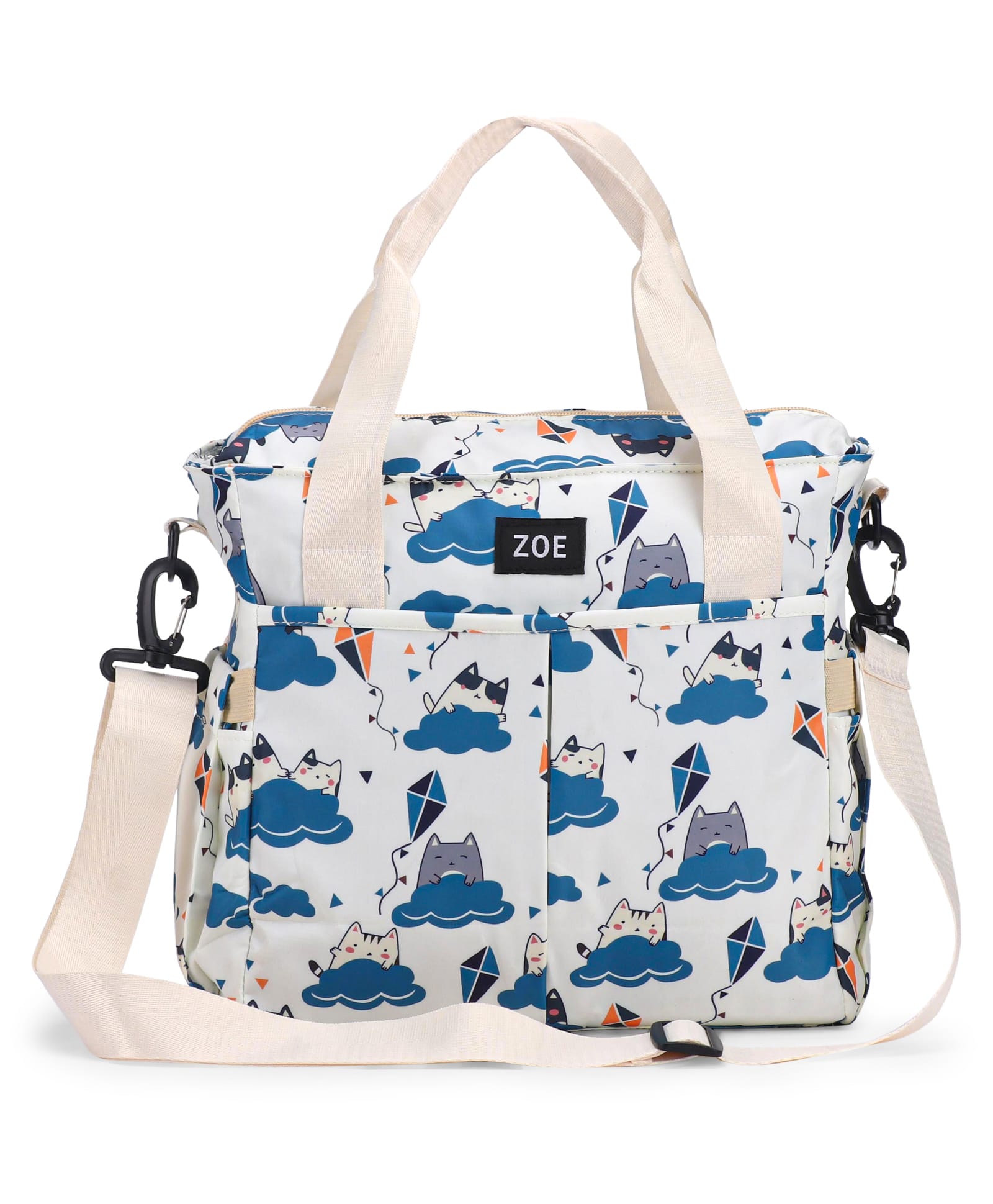 Zoe Multipurpose Cat Printed Tote Diaper Bag - White-image-17