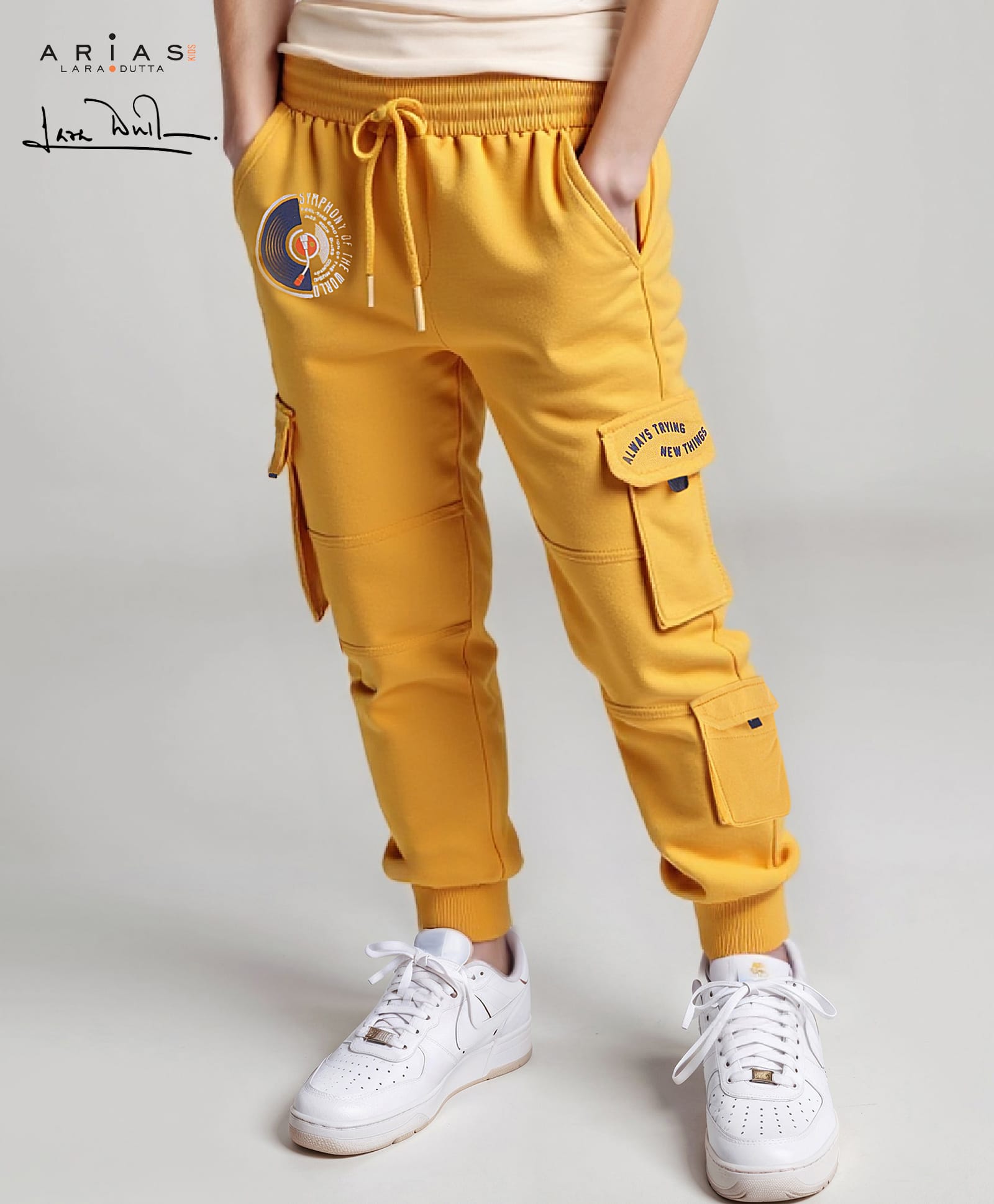 arias by lara dutta Arias Cotton Stretch Looper Knit Full Length Jogger Pant with Patch Pockets & Text Print - Yellow-picture-38