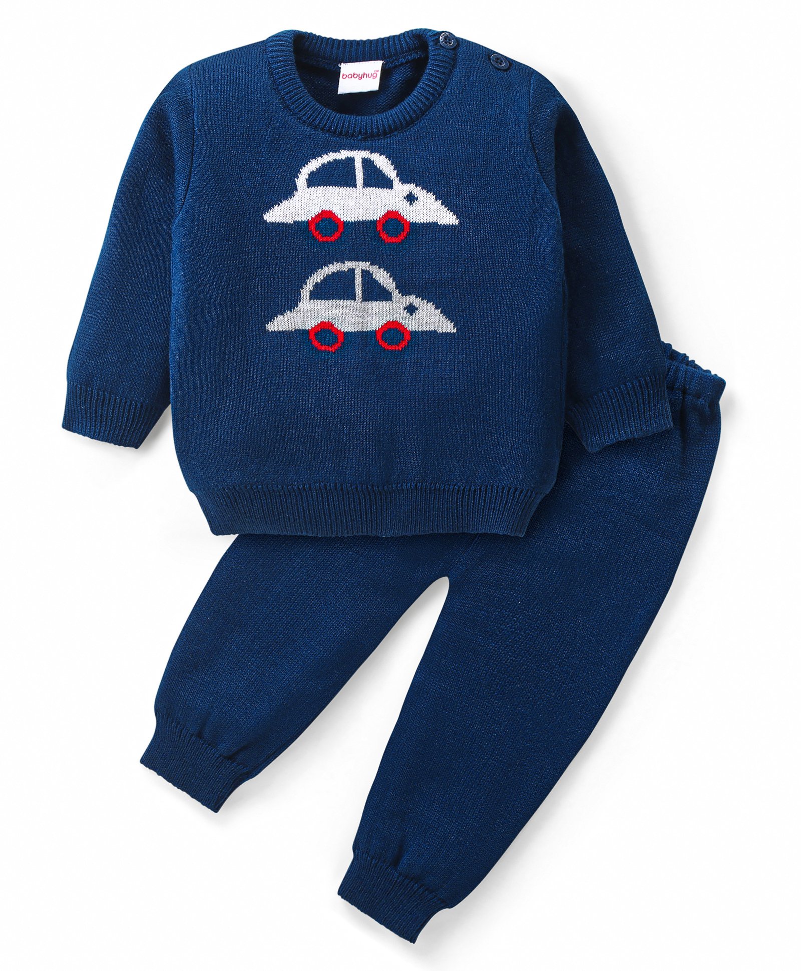 Babyhug Knitted Full Sleeves Sweater Set with Cars Design - Navy Blue-picture-33