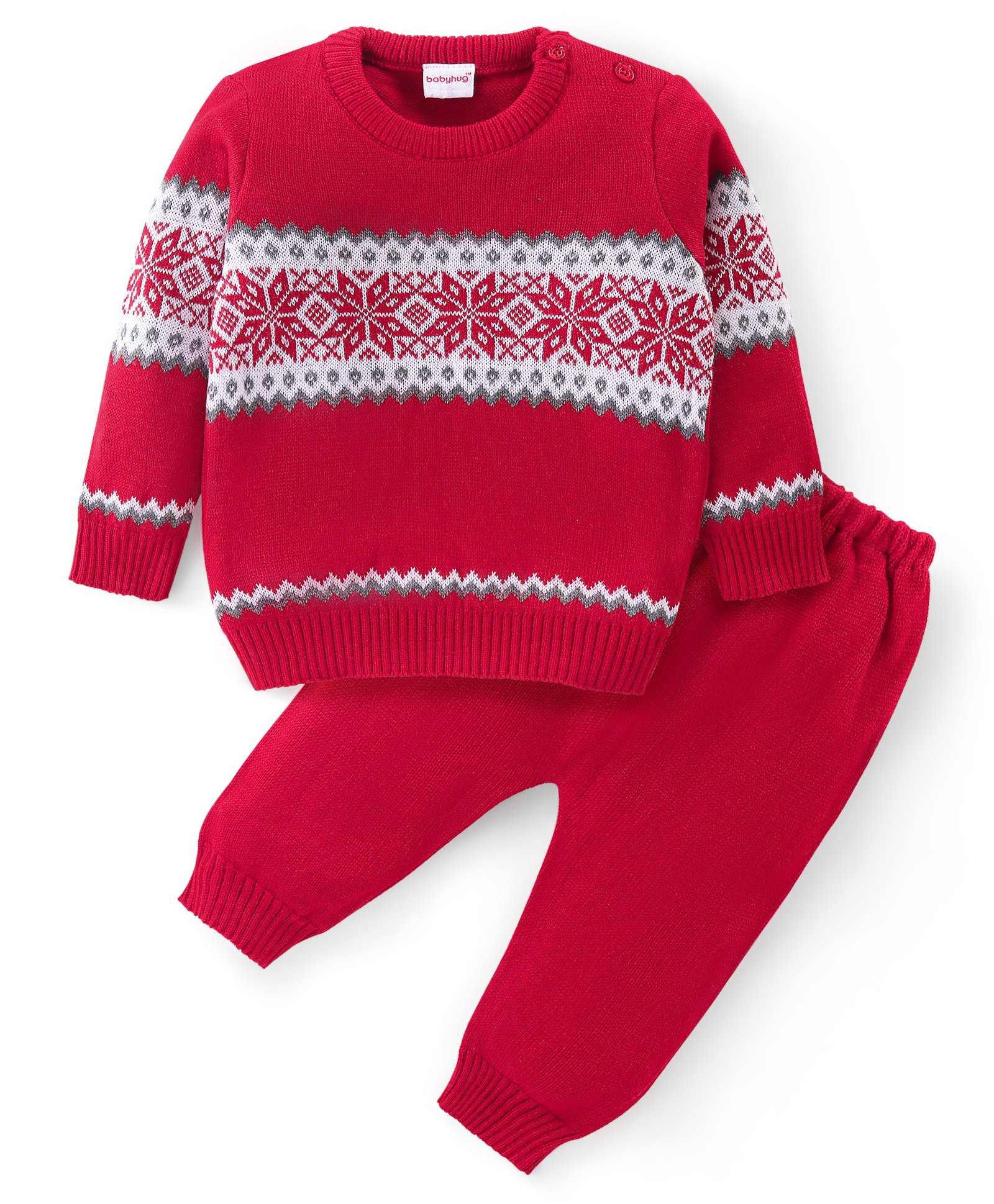 Babyhug Knitted Full Sleeves Pullover Sweater & Pant Set With Aztec Design - Red-image-19