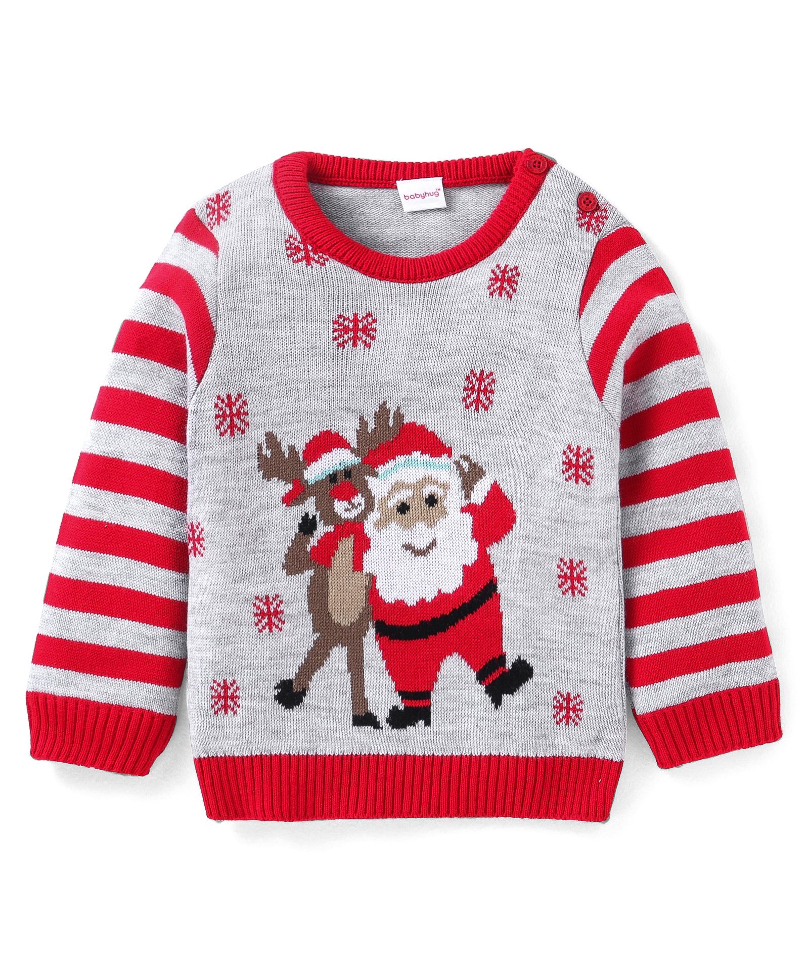 Babyhug Knitted Full Sleeves Pullover Sweater with Stripes & Christmas Theme Design - Grey & Red-image-24