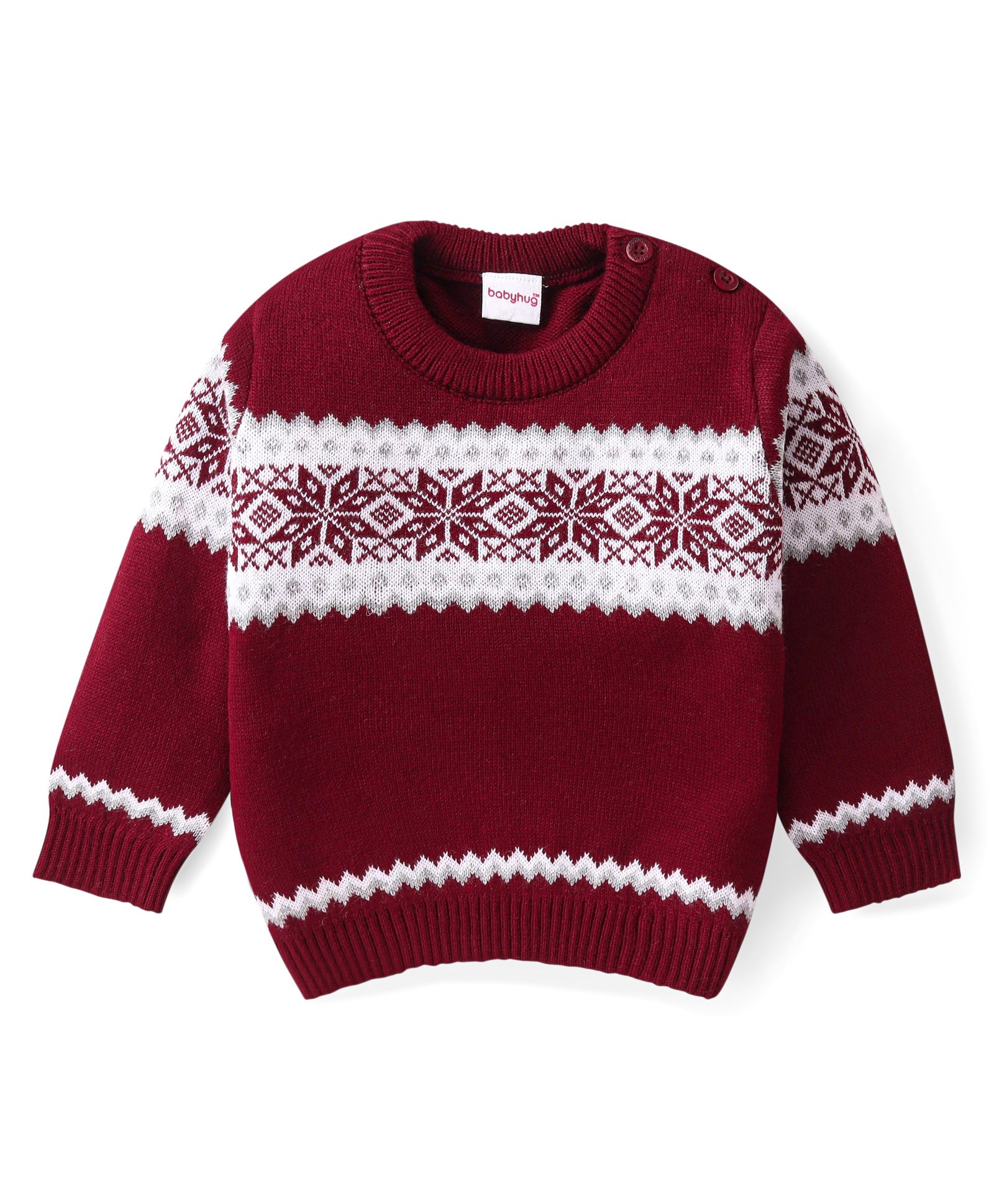 Babyhug Knitted Full Sleeves Pullover Sweater with Floral Design - Maroon-picture-21