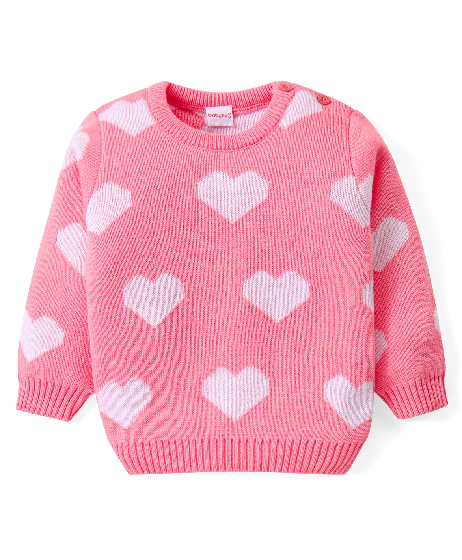 Babyhug Knitted Full Sleeves Pullover Sweater with Hearts Design - Peach-image-41